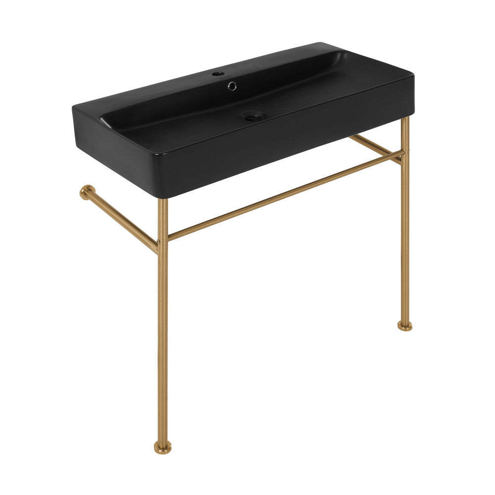 Swiss Madison Carre 36 Ceramic Console Sink Matte Black Basin Brushed Gold Legs