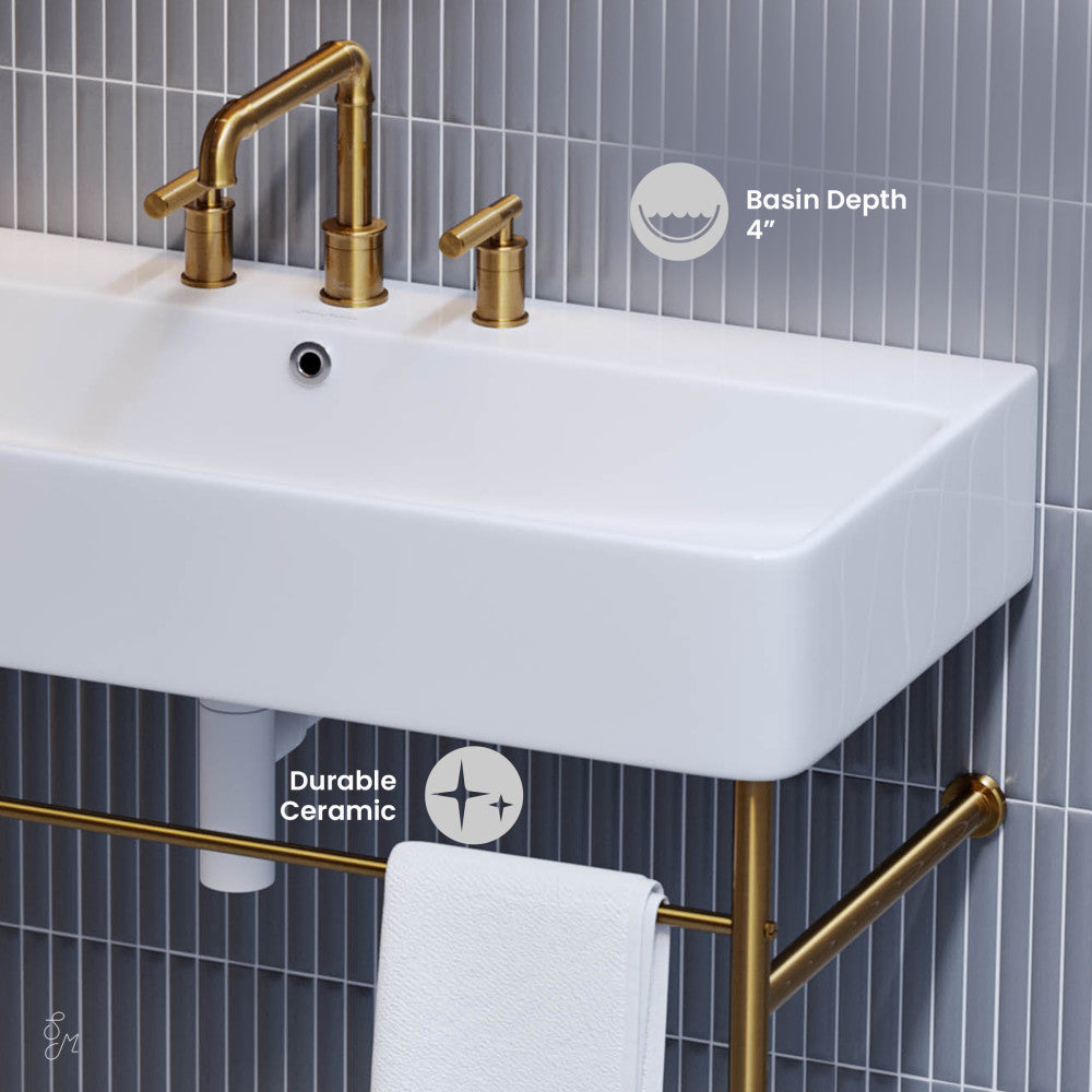 Swiss Madison Carre 36" Console Sink White Basin Brushed Gold Legs with 8" Widespread Holes