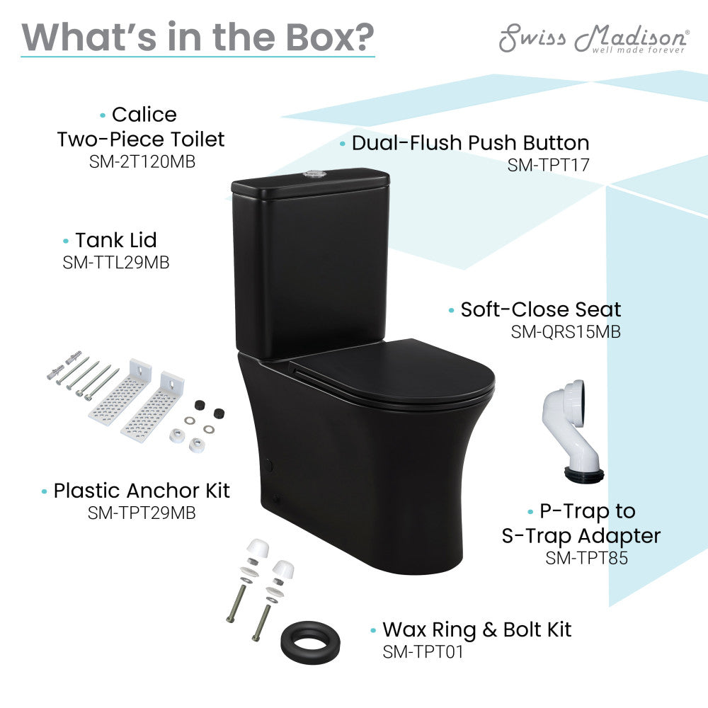 Swiss Madison Calice Two-Piece Elongated Rear Outlet Toilet Dual-Flush 0.8/1.28 gpf in Matte Black