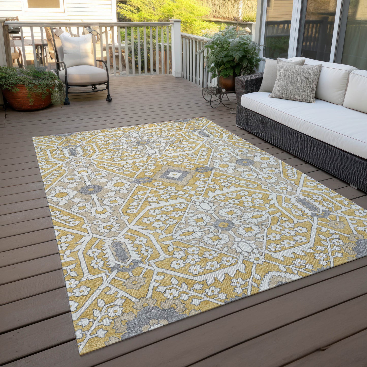 Tabselect Home Line 5' X 8' Gold Ivory And Gray Floral Washable Indoor Outdoor Area Rug
