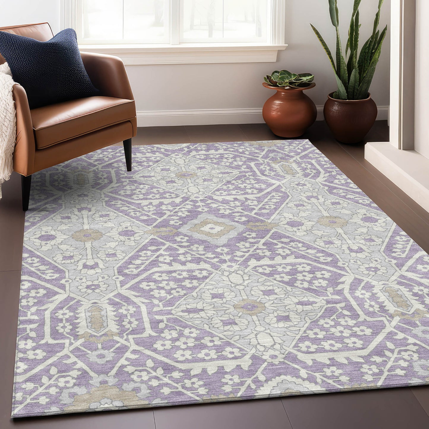 Tabselect Home Line 5' X 8' Lavender Gray And Beige Floral Washable Indoor Outdoor Area Rug