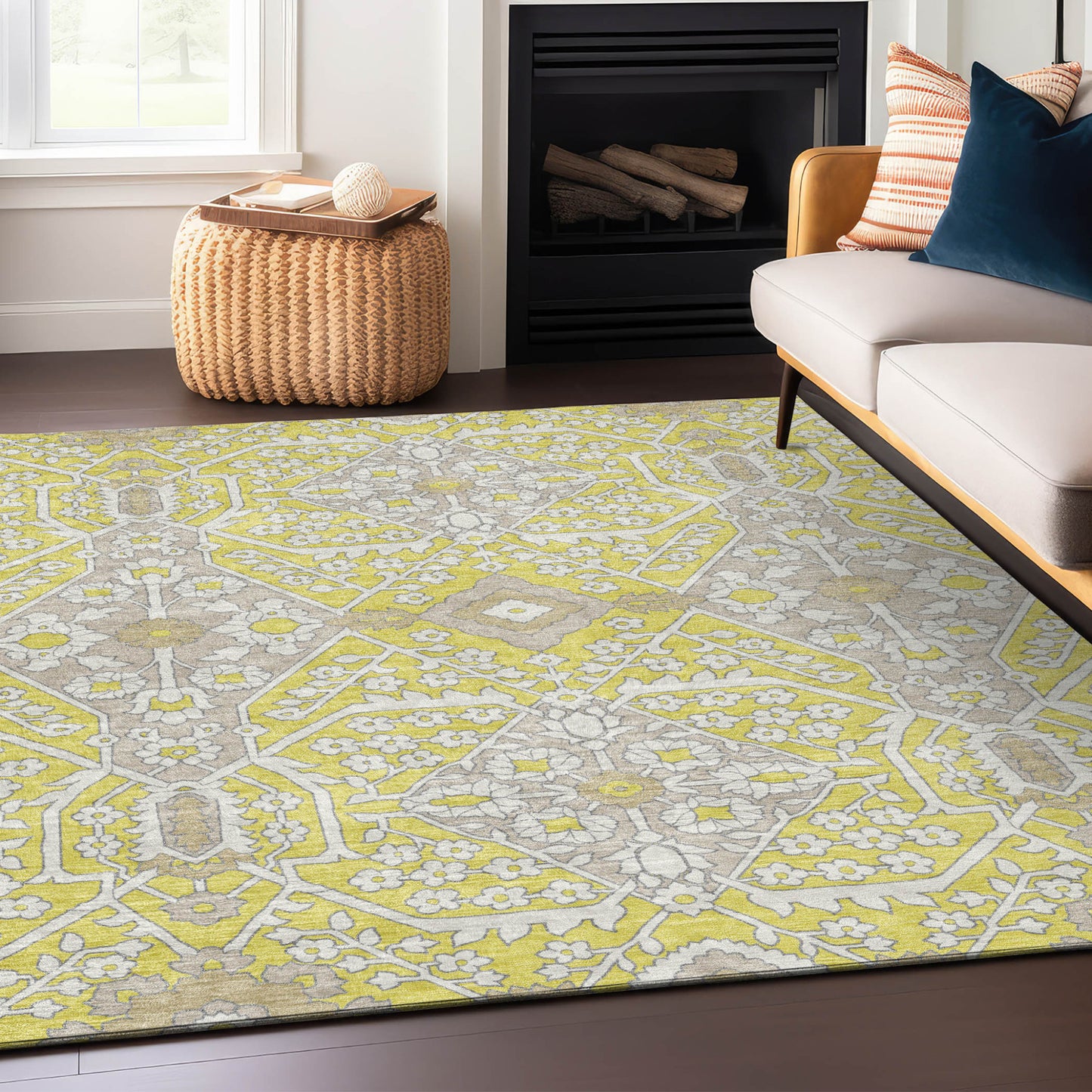 Tabselect Home Line 5' X 8' Yellow Ivory And Beige Floral Washable Indoor Outdoor Area Rug