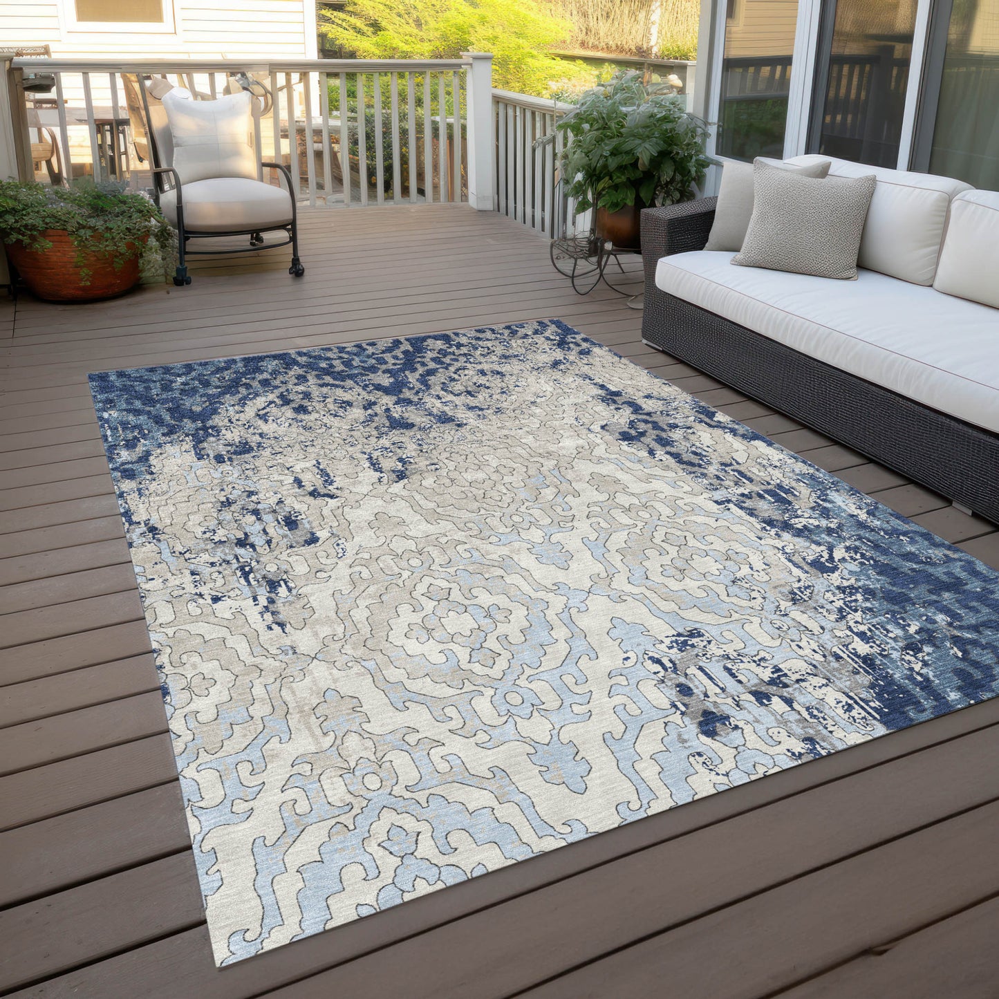 Tabselect Home Line 5' X 8' Navy Blue Beige And Sky Blue Medallion Washable Indoor Outdoor Area Rug