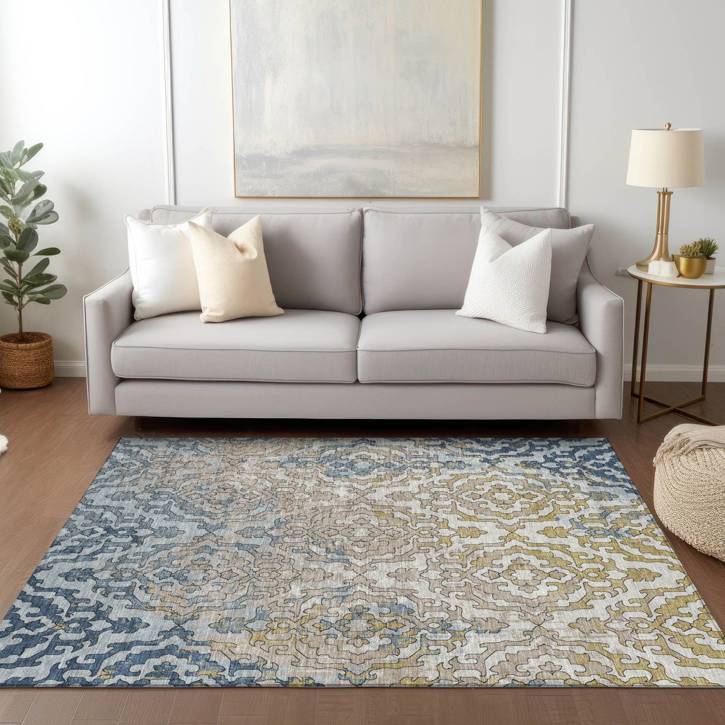 Tabselect Home Line 5' X 8' Sky Blue And Denim Blue Medallion Washable Indoor Outdoor Area Rug