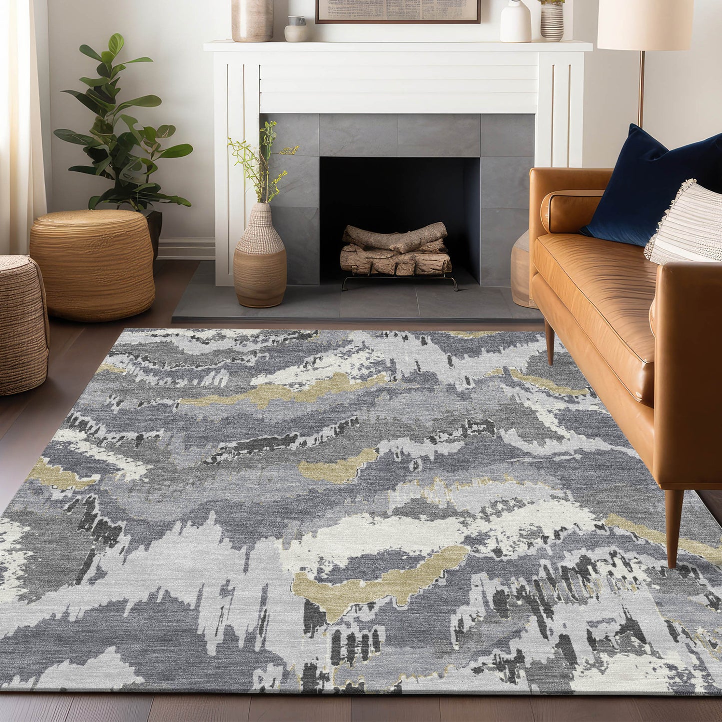 Tabselect Home Line 5' X 8' Gray Silver And Charcoal Abstract Washable Indoor Outdoor Area Rug