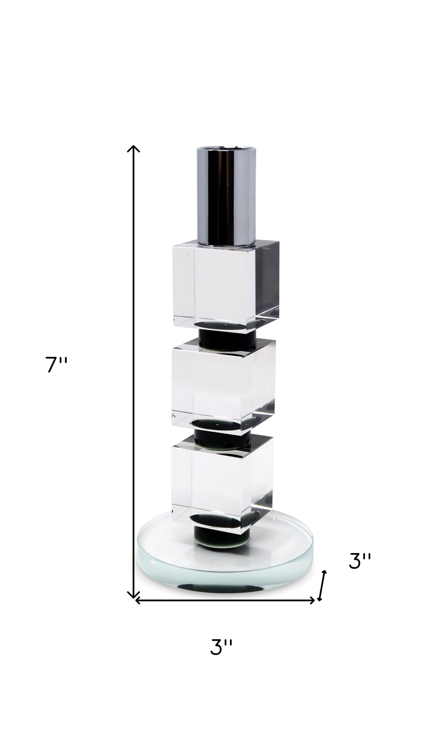 Tabselect Home Line 7" Silver Clear And Black Block And Cylinder Crystal Tabletop Taper Candlestick