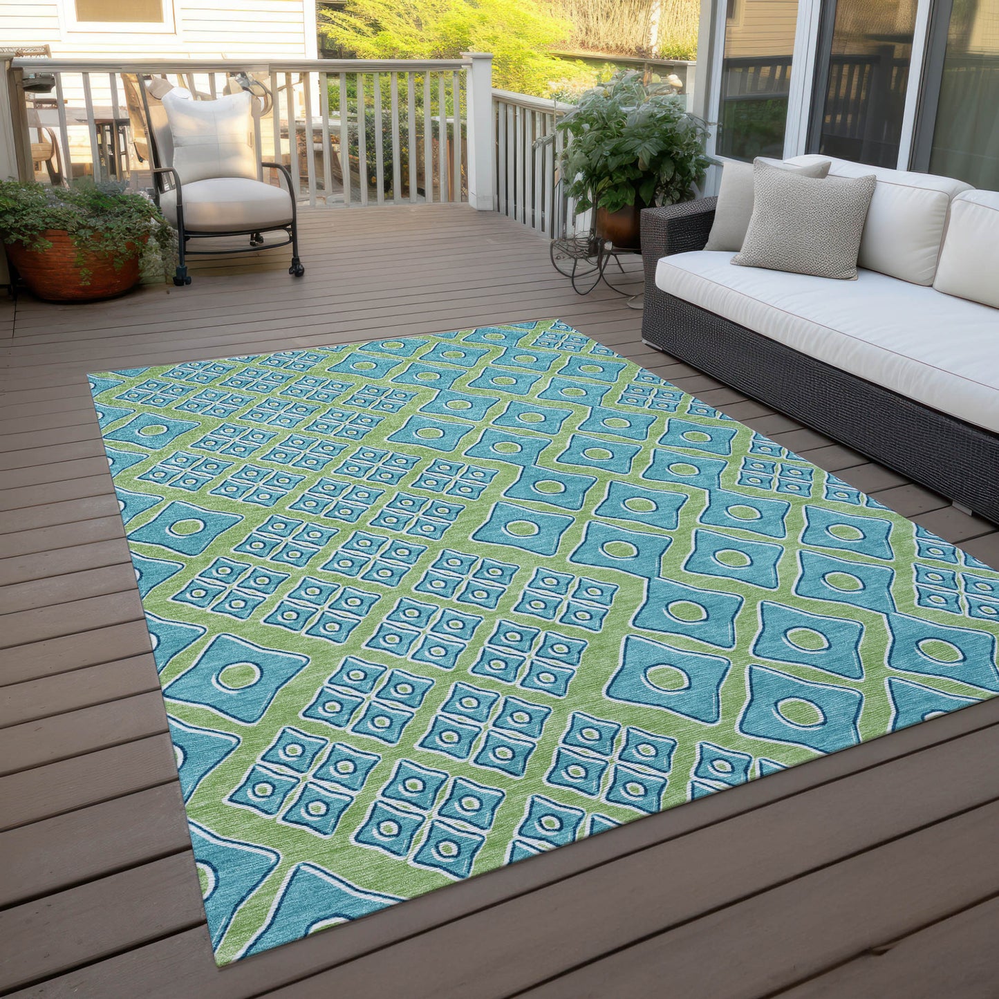 Tabselect Home Line 5' X 8' Artichoke Green And Aqua Geometric Washable Indoor Outdoor Area Rug