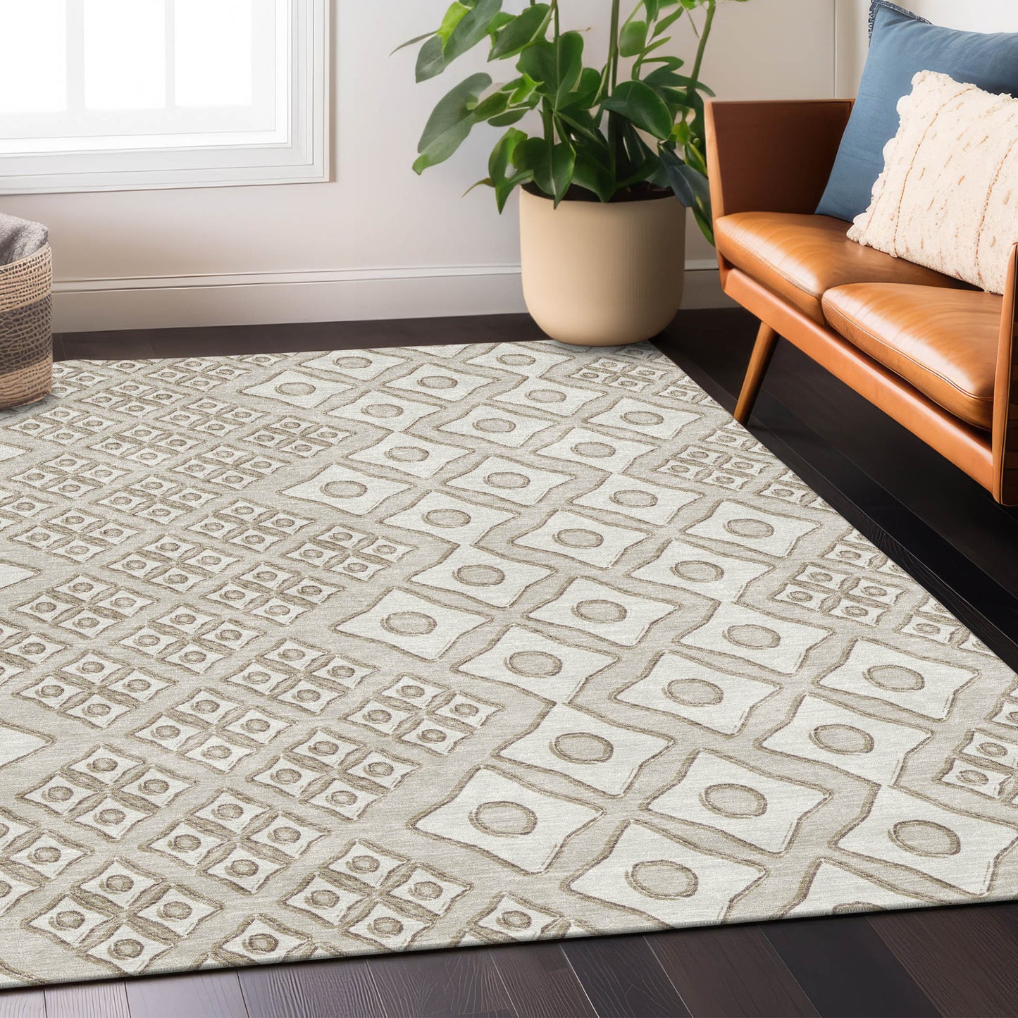 Tabselect Home Line 5' X 8' Beige And Ivory Geometric Washable Indoor Outdoor Area Rug