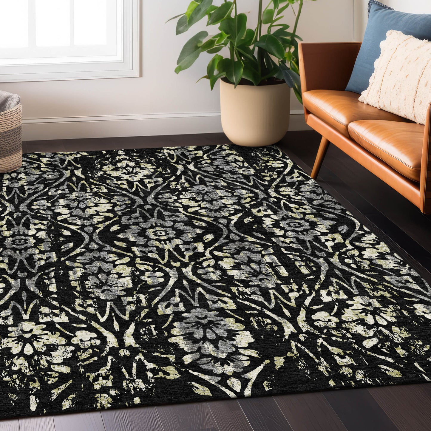 Tabselect Home Line 5' X 8' Black Gray And Ivory Floral Washable Indoor Outdoor Area Rug