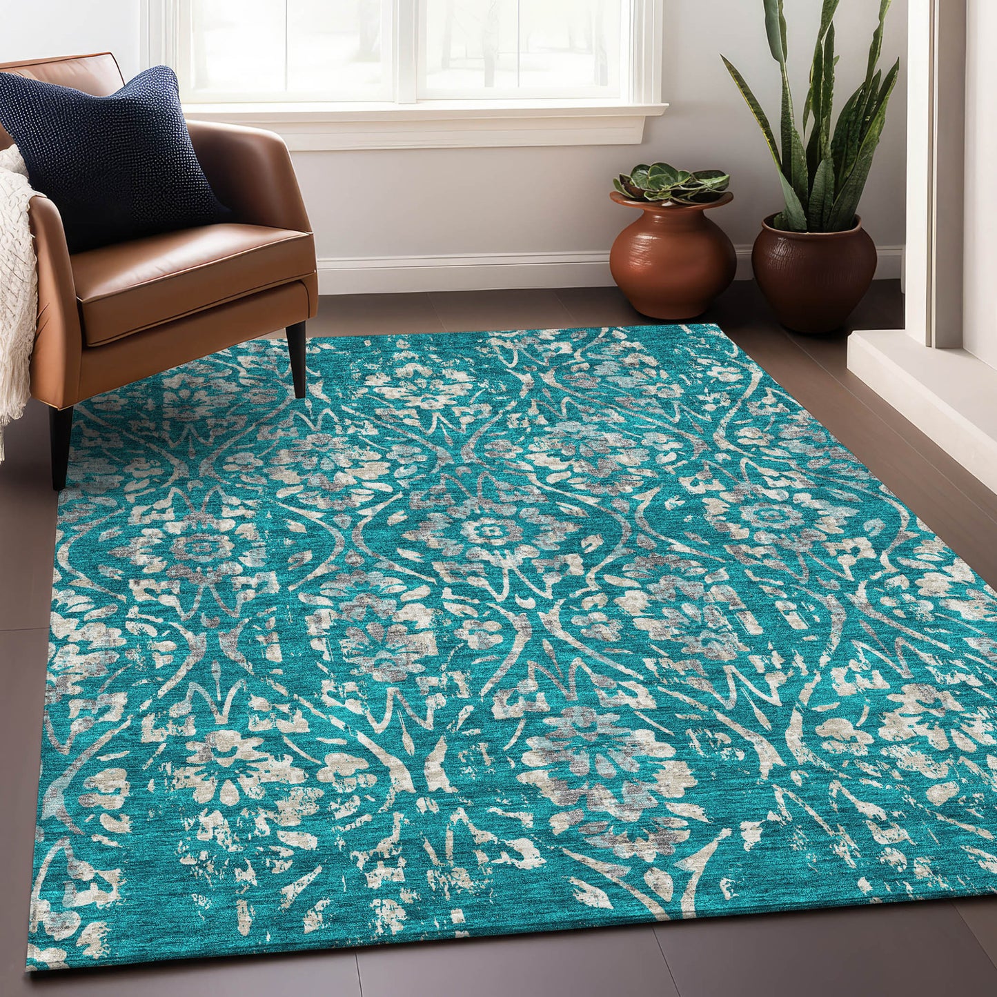 Tabselect Home Line 5' X 8' Teal Blue And Ivory Floral Washable Indoor Outdoor Area Rug