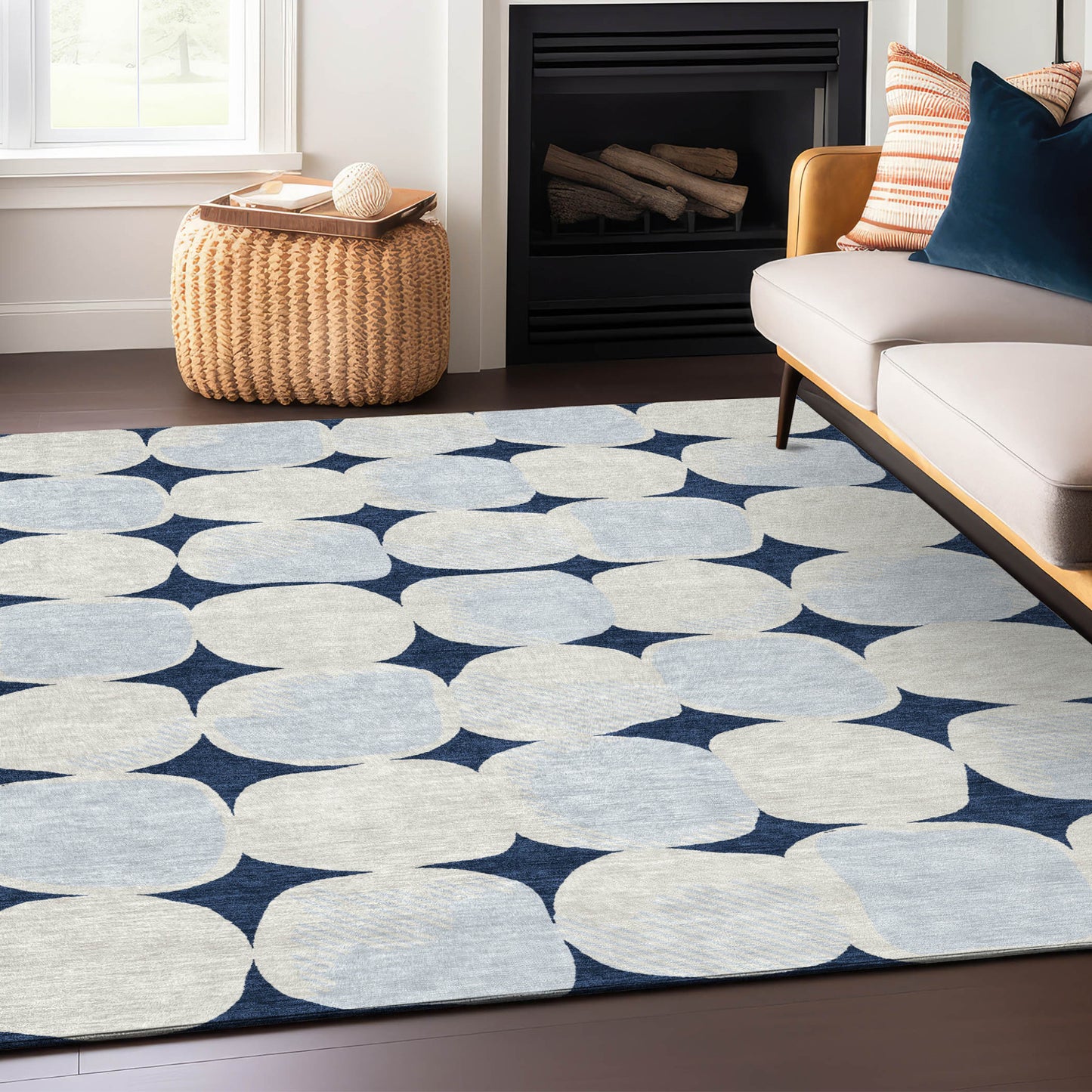 Tabselect Home Line 5' X 8' Navy Blue Gray And Ivory Abstract Washable Indoor Outdoor Area Rug