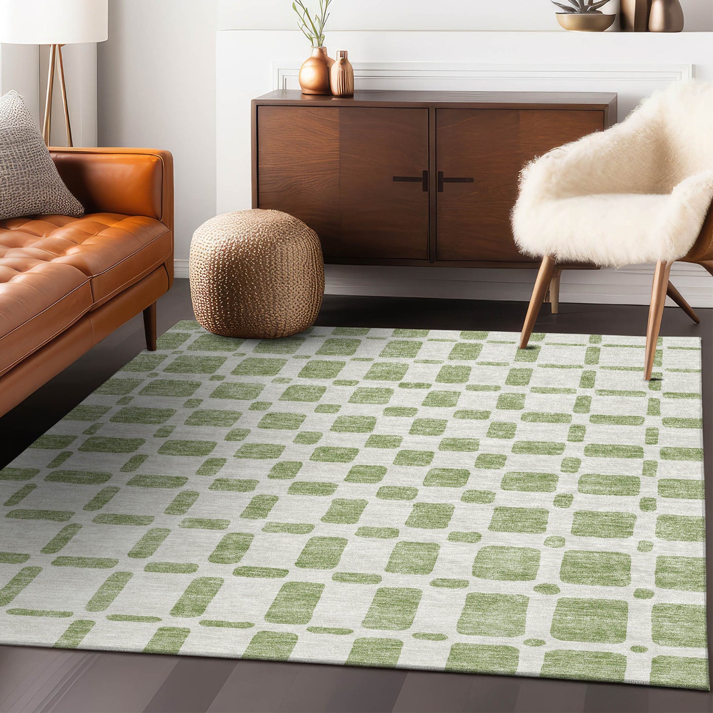 Tabselect Home Line 5' X 8' Artichoke Green And Ivory Geometric Washable Indoor Outdoor Area Rug