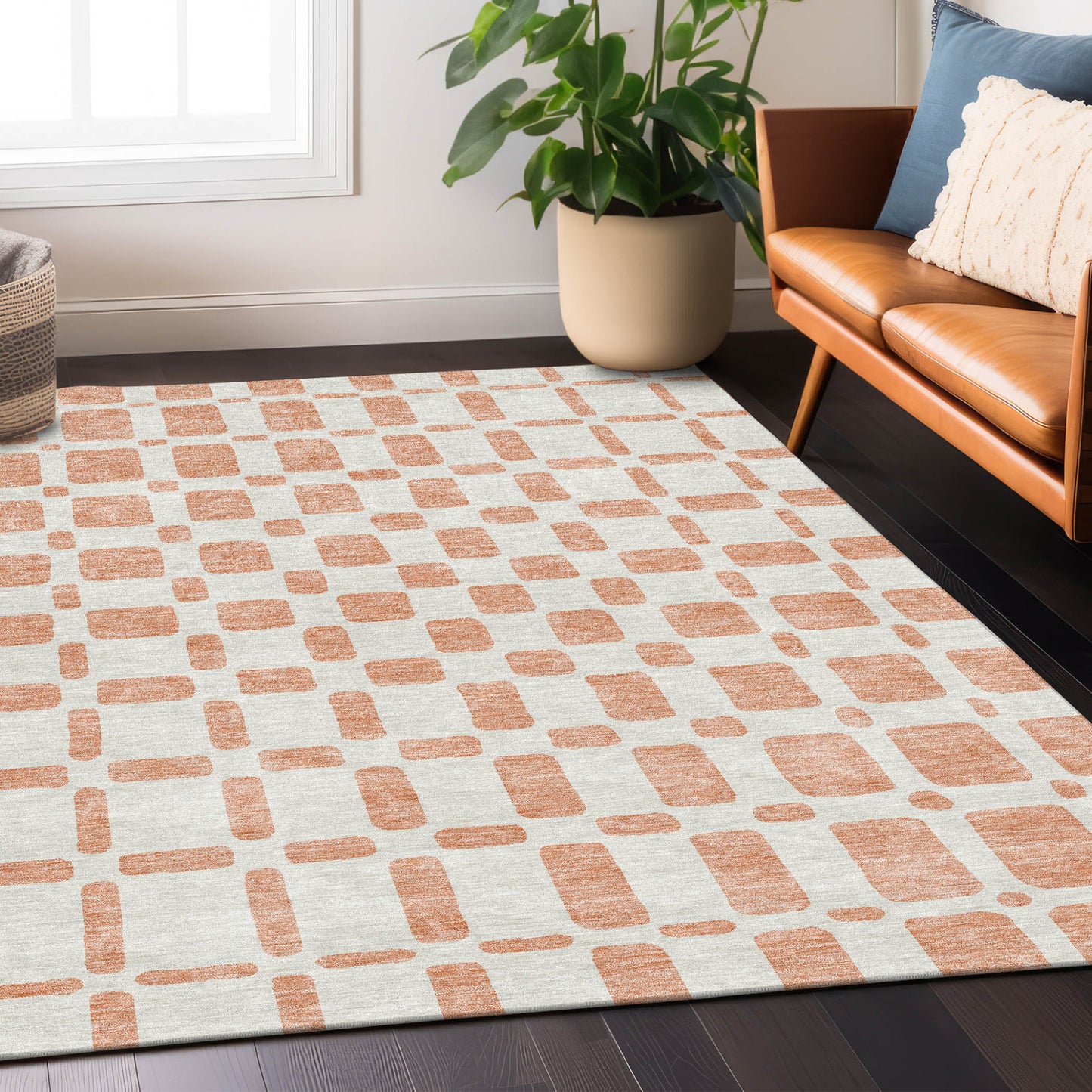 Tabselect Home Line 5' X 8' Peach And Beige Geometric Washable Indoor Outdoor Area Rug