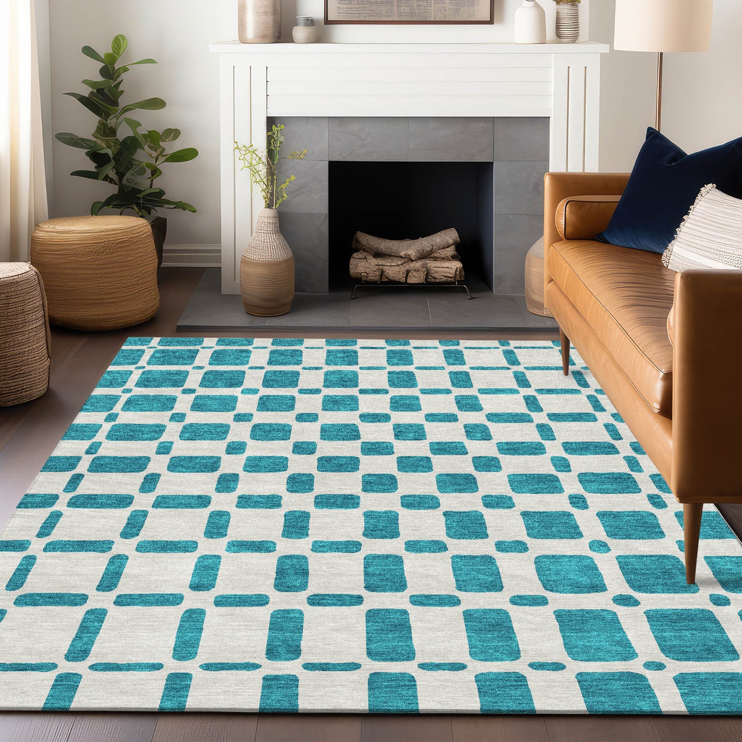 Tabselect Home Line 5' X 8' Teal Blue And Ivory Geometric Washable Indoor Outdoor Area Rug