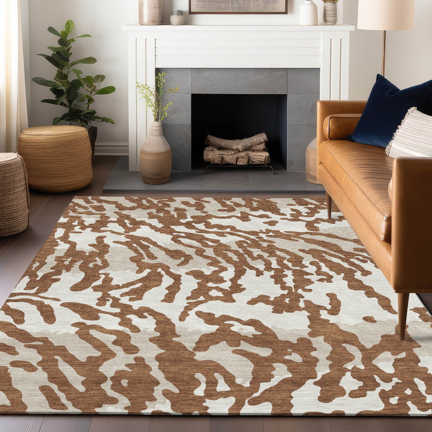 Tabselect Home Line 5' X 8' Brown Beige And Ivory Animal Print Washable Indoor Outdoor Area Rug