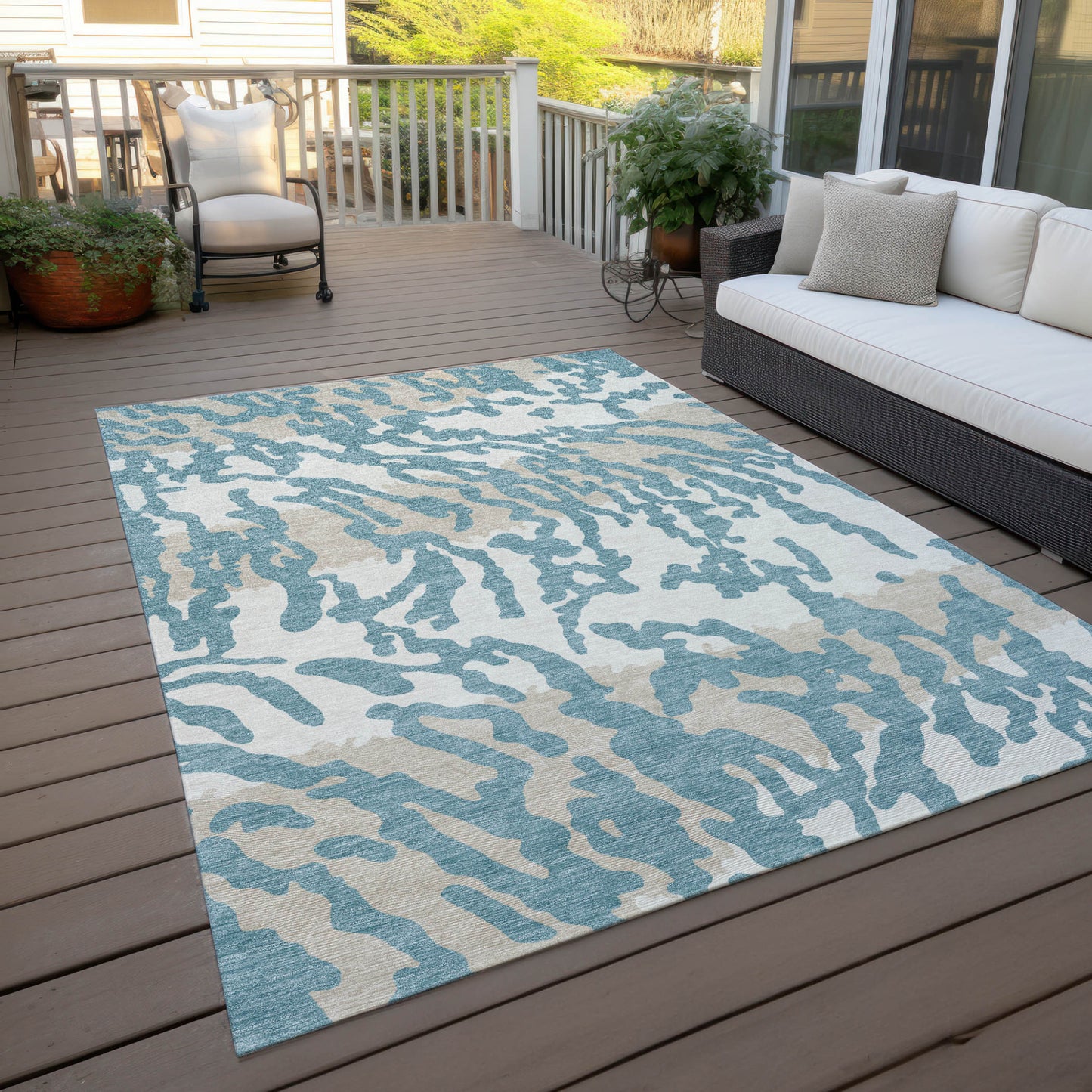 Tabselect Home Line 5' X 8' Teal Blue Beige And Ivory Animal Print Washable Indoor Outdoor Area Rug