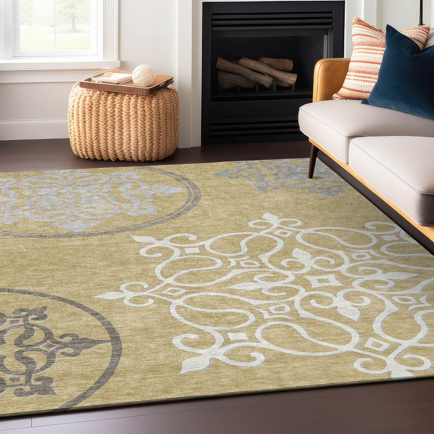 Tabselect Home Line 5' X 8' Gold Ivory And Gray Floral Medallion Washable Indoor Outdoor Area Rug