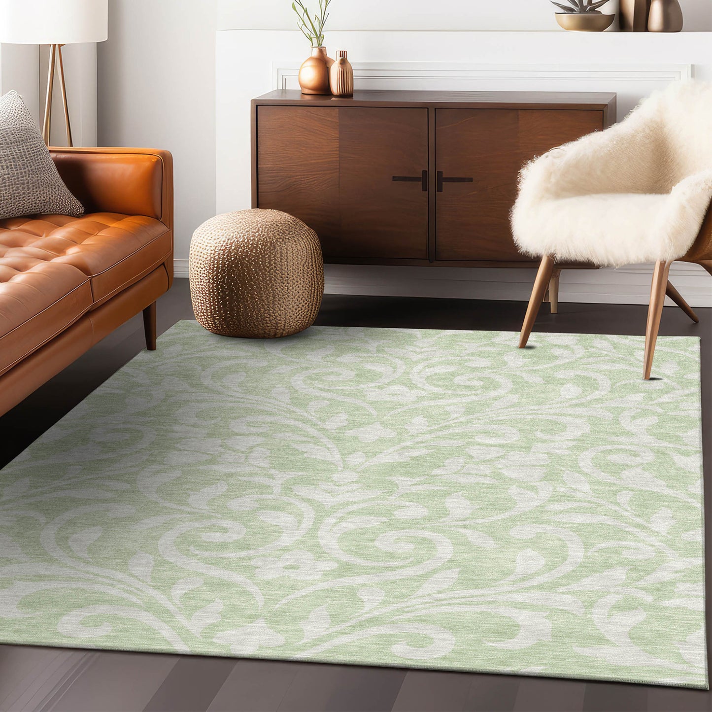 Tabselect Home Line 5' X 8' Artichoke Green And Ivory Floral Washable Indoor Outdoor Area Rug