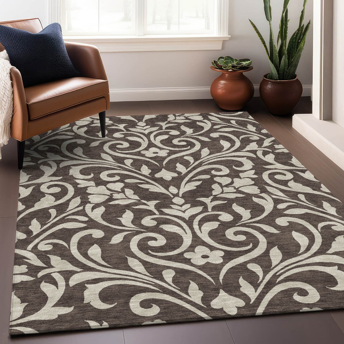 Tabselect Home Line 5' X 8' Chocolate And Ivory Floral Washable Indoor Outdoor Area Rug