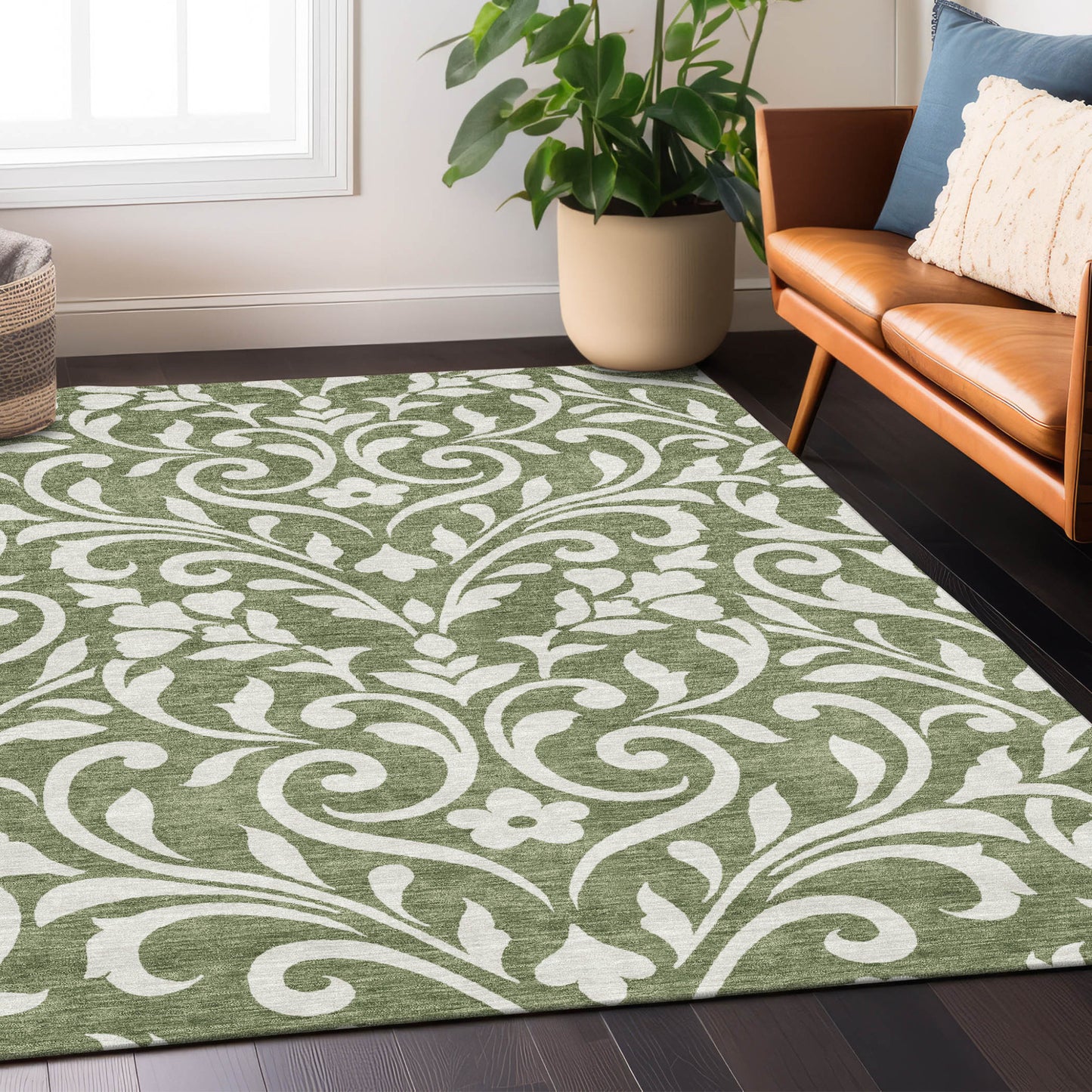 Tabselect Home Line 5' X 8' Fern Green And Ivory Floral Washable Indoor Outdoor Area Rug
