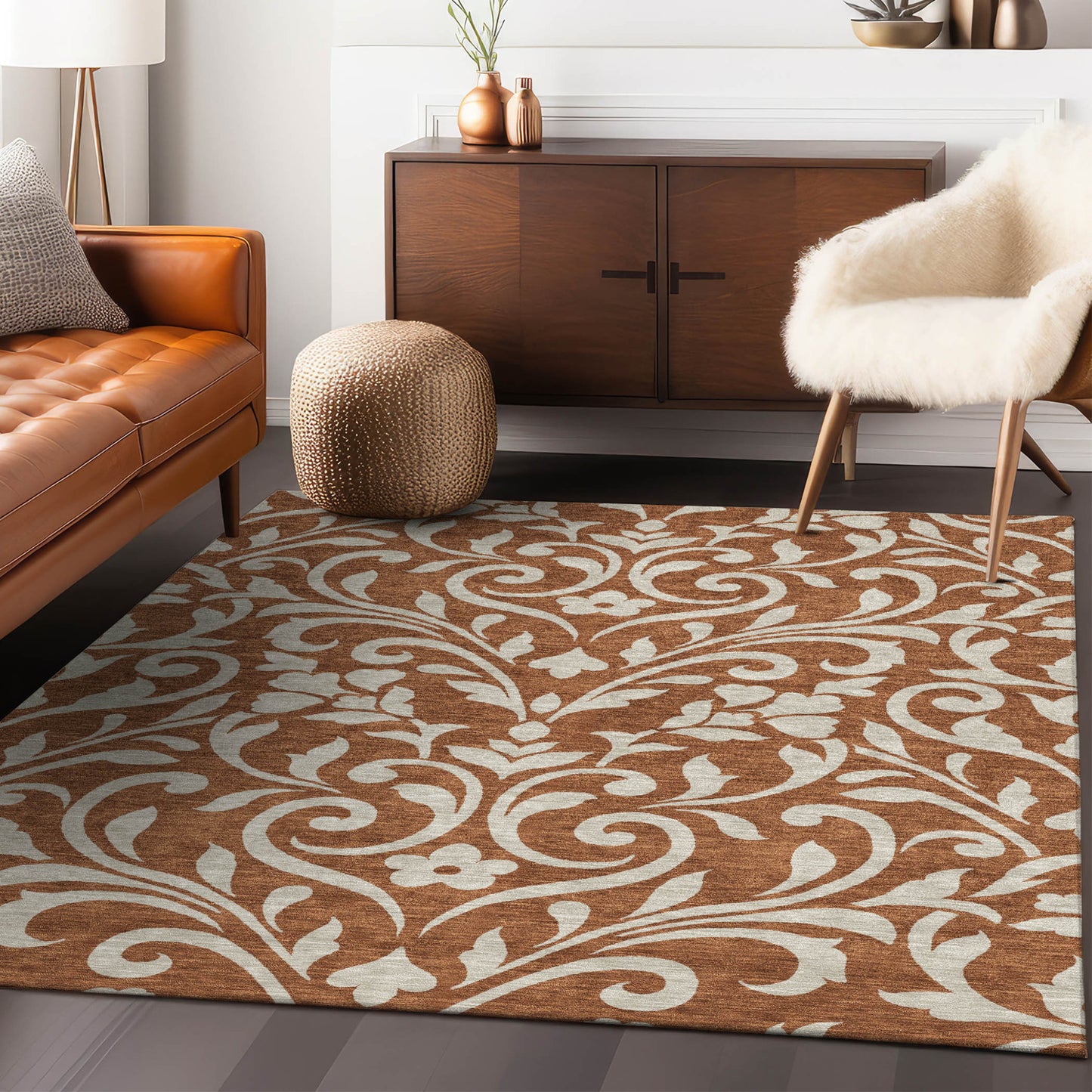 Tabselect Home Line 5' X 8' Brown And Beige Floral Washable Indoor Outdoor Area Rug