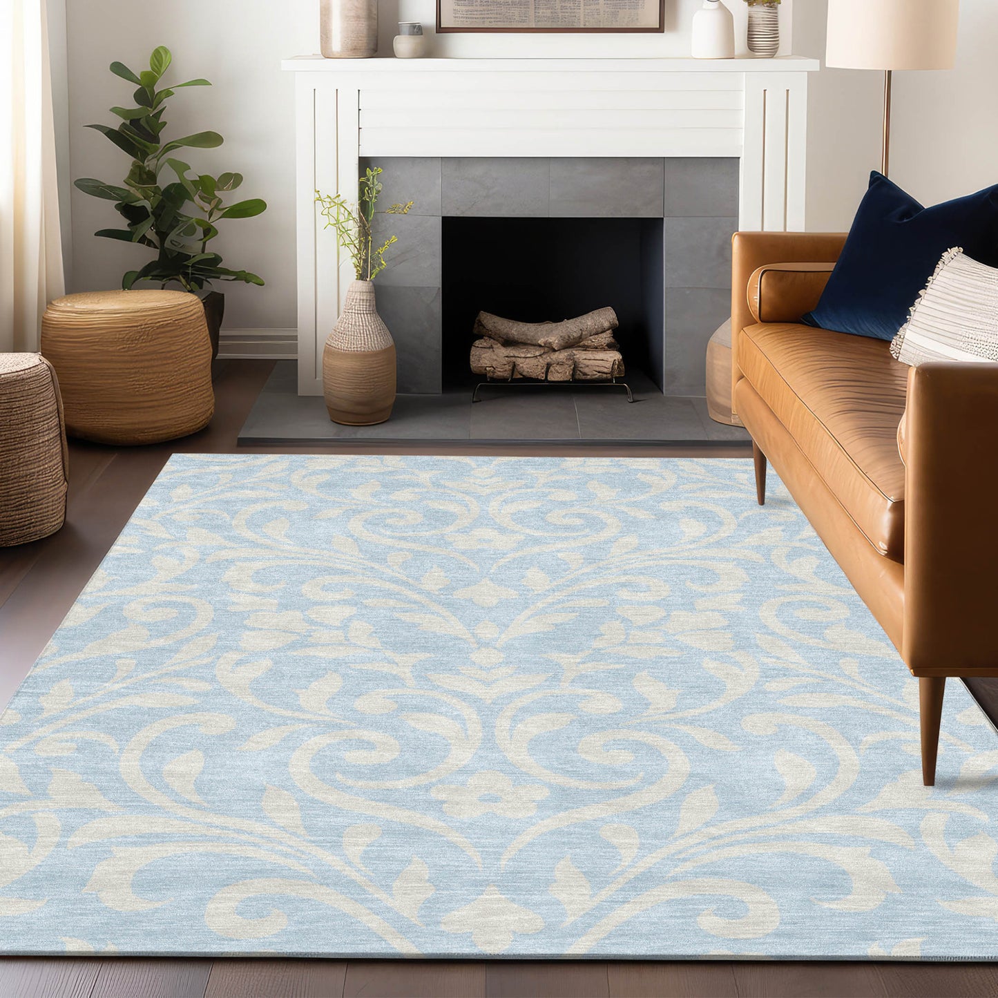 Tabselect Home Line 5' X 8' Sky Blue And Ivory Floral Washable Indoor Outdoor Area Rug