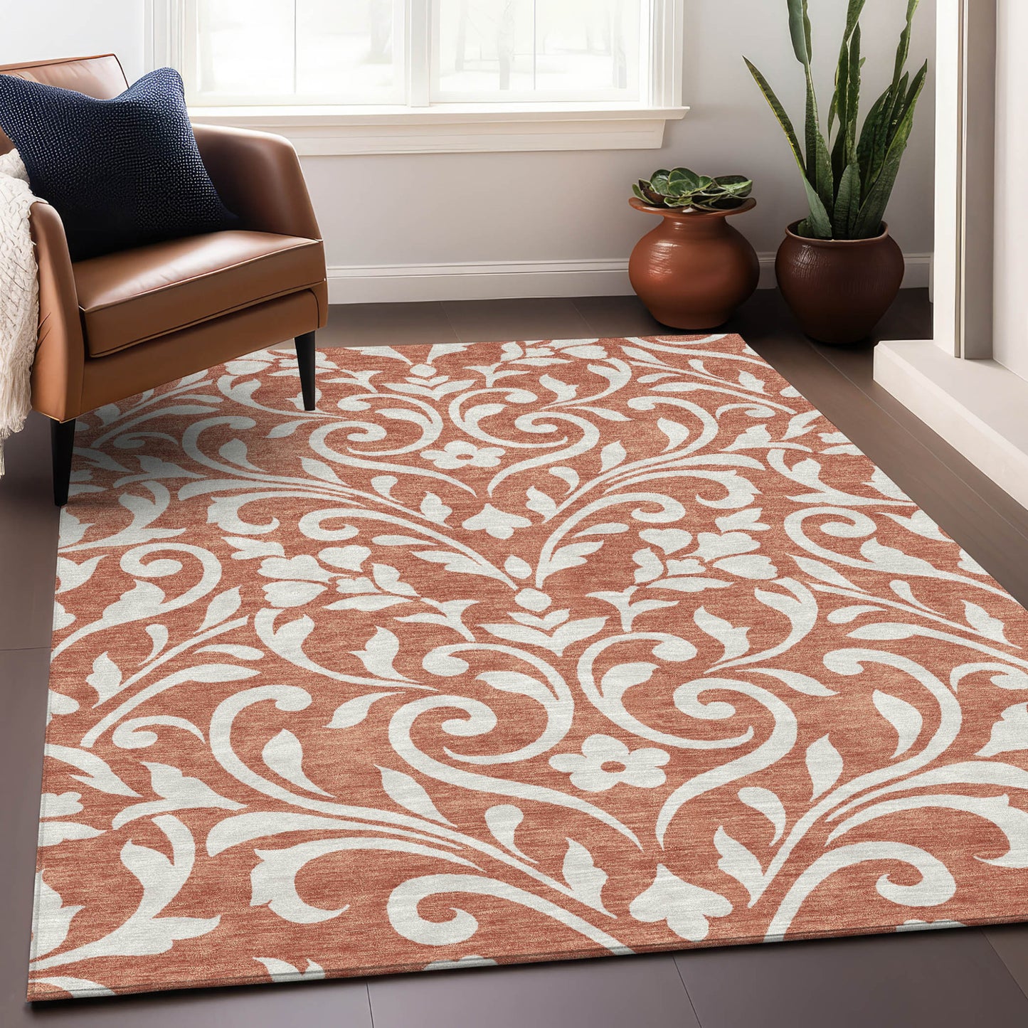 Tabselect Home Line 5' X 8' Salmon And Ivory Floral Washable Indoor Outdoor Area Rug