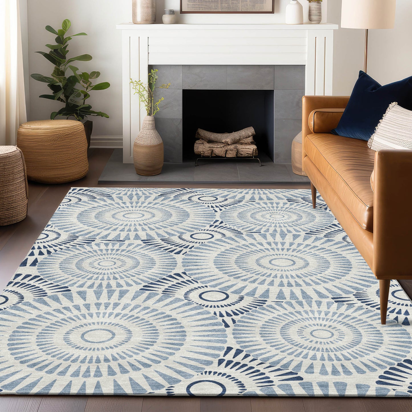Tabselect Home Line 5' X 8' Blue And Ivory Geometric Washable Indoor Outdoor Area Rug