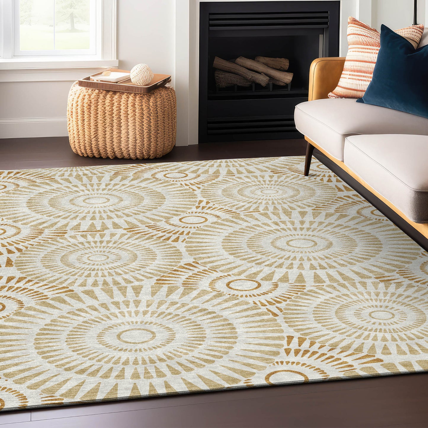 Tabselect Home Line 5' X 8' Gold Brown And Ivory Geometric Washable Indoor Outdoor Area Rug