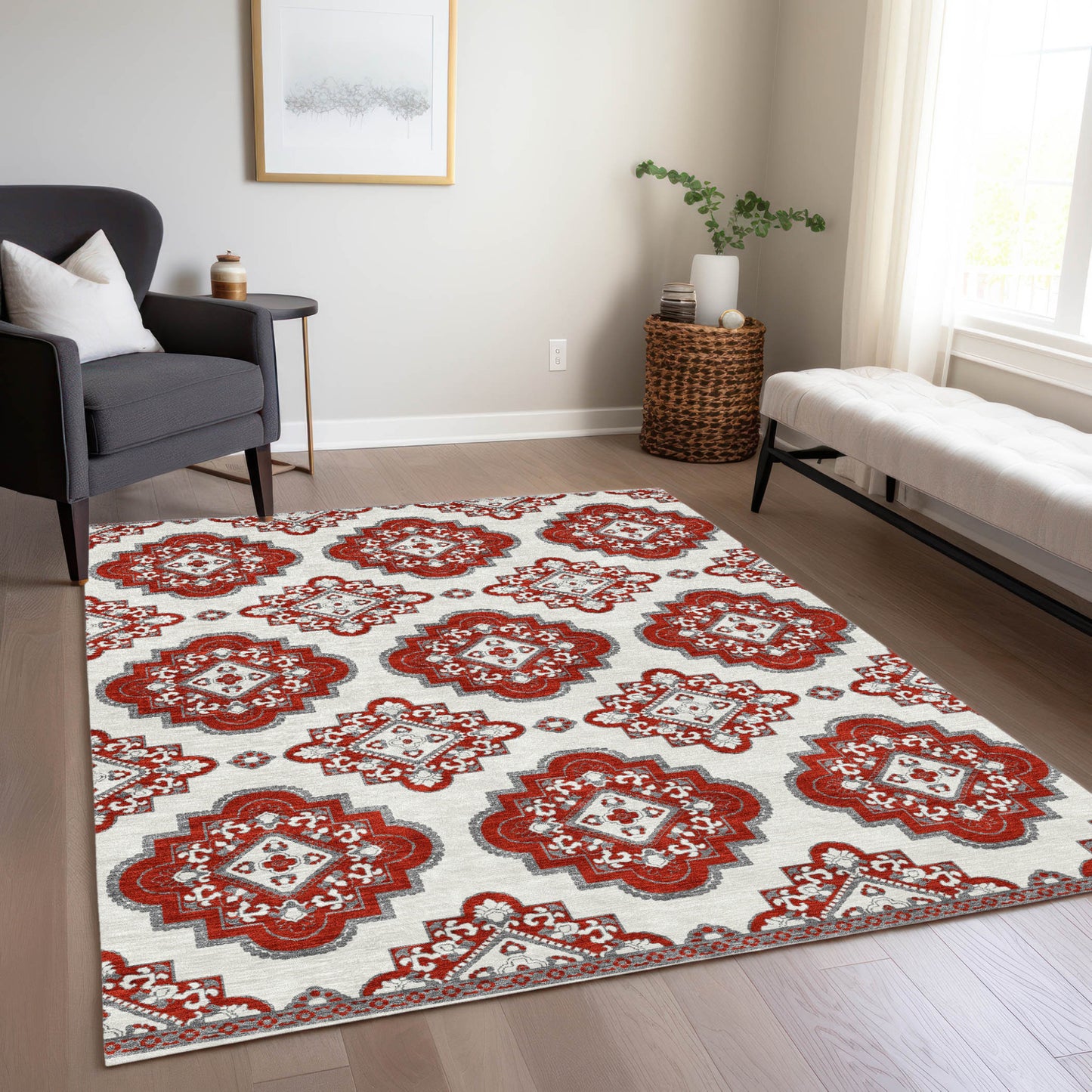 Tabselect Home Line 5' X 8' Red And Beige Medallion Washable Indoor Outdoor Area Rug