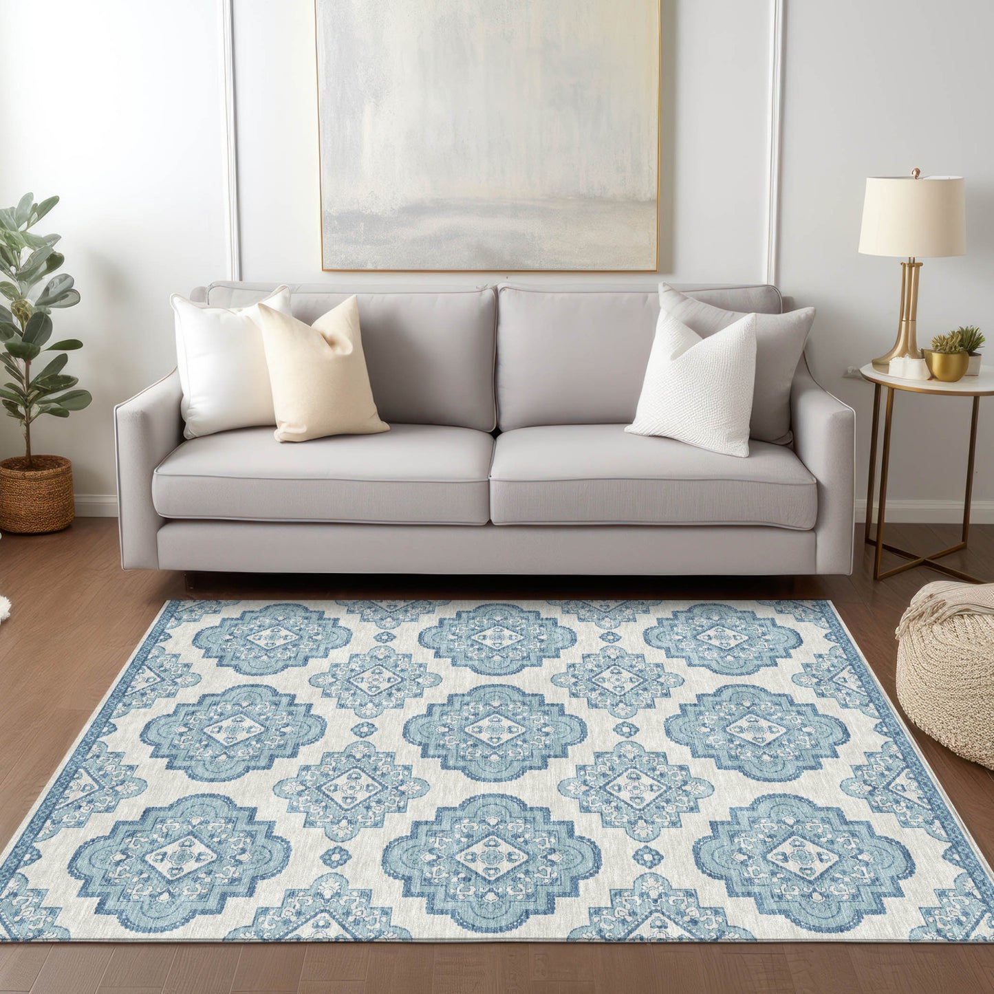 Tabselect Home Line 5' X 8' Teal Blue And Ivory Medallion Washable Indoor Outdoor Area Rug