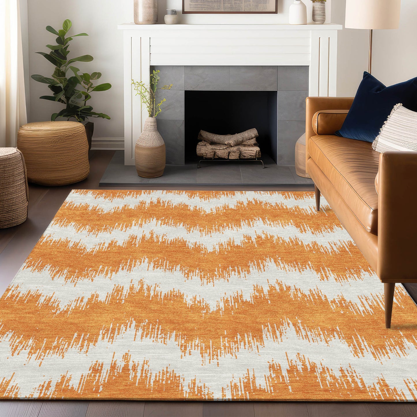 Tabselect Home Line 5' X 8' Orange And Ivory Chevron Washable Indoor Outdoor Area Rug