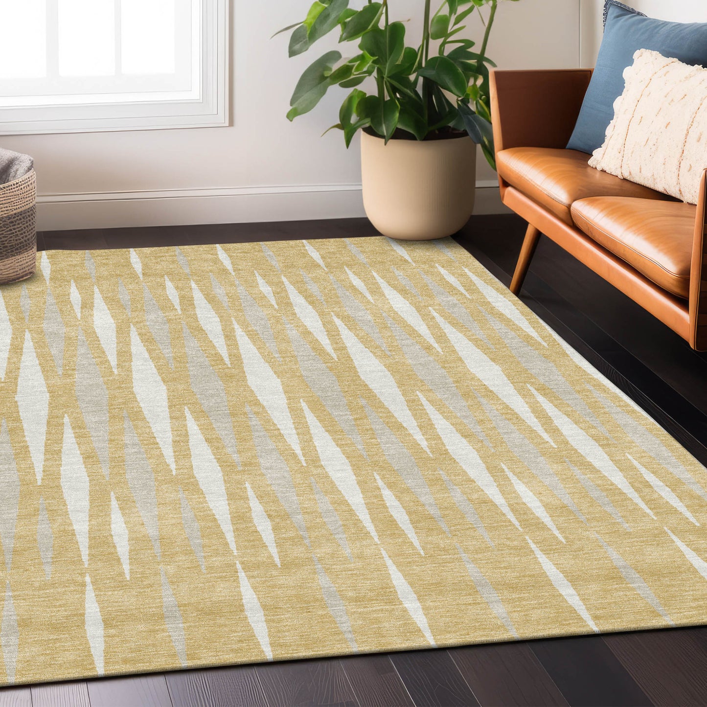 Tabselect Home Line 5' X 8' Gold Gray And Ivory Geometric Washable Indoor Outdoor Area Rug