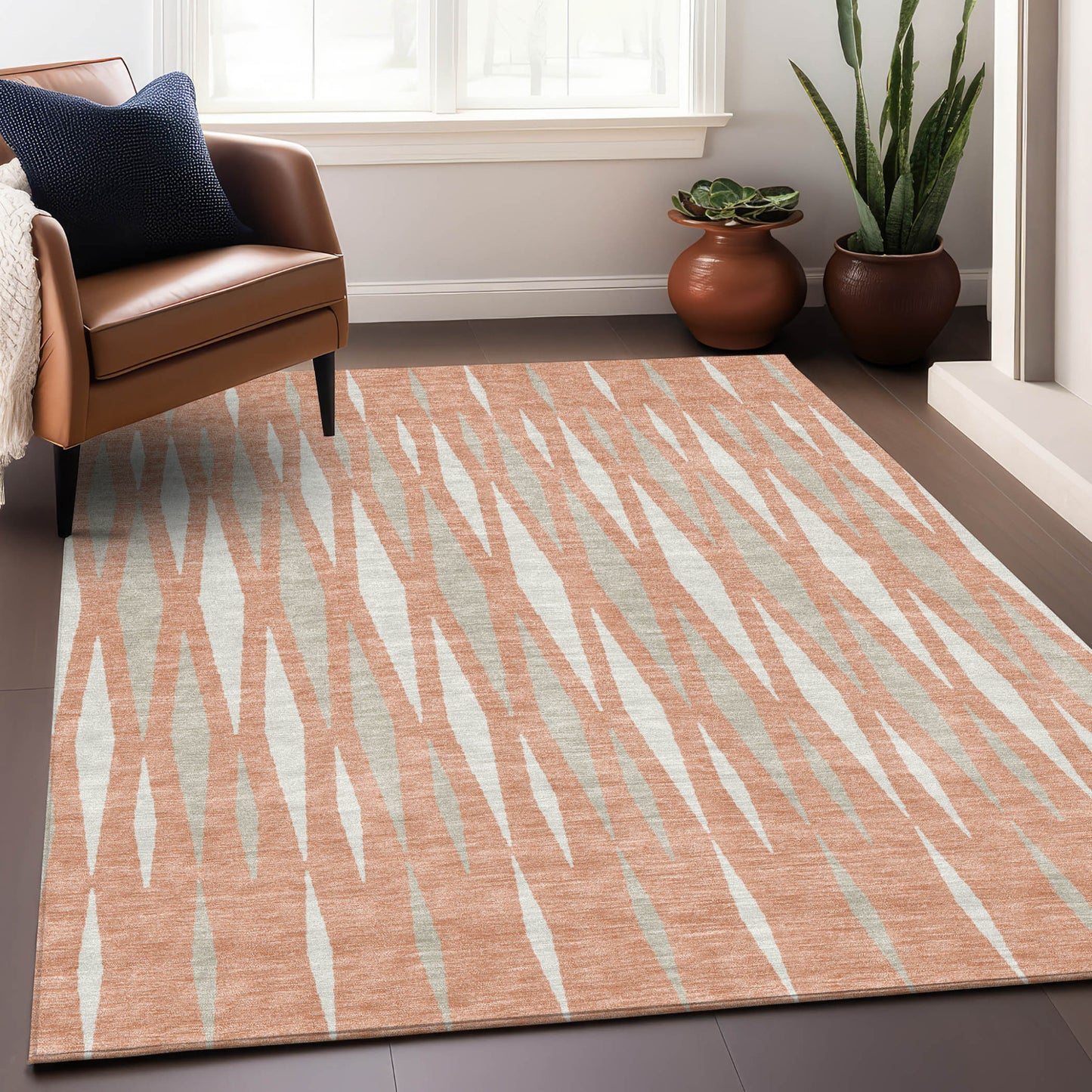 Tabselect Home Line 5' X 8' Salmon Gray And Ivory Geometric Washable Indoor Outdoor Area Rug