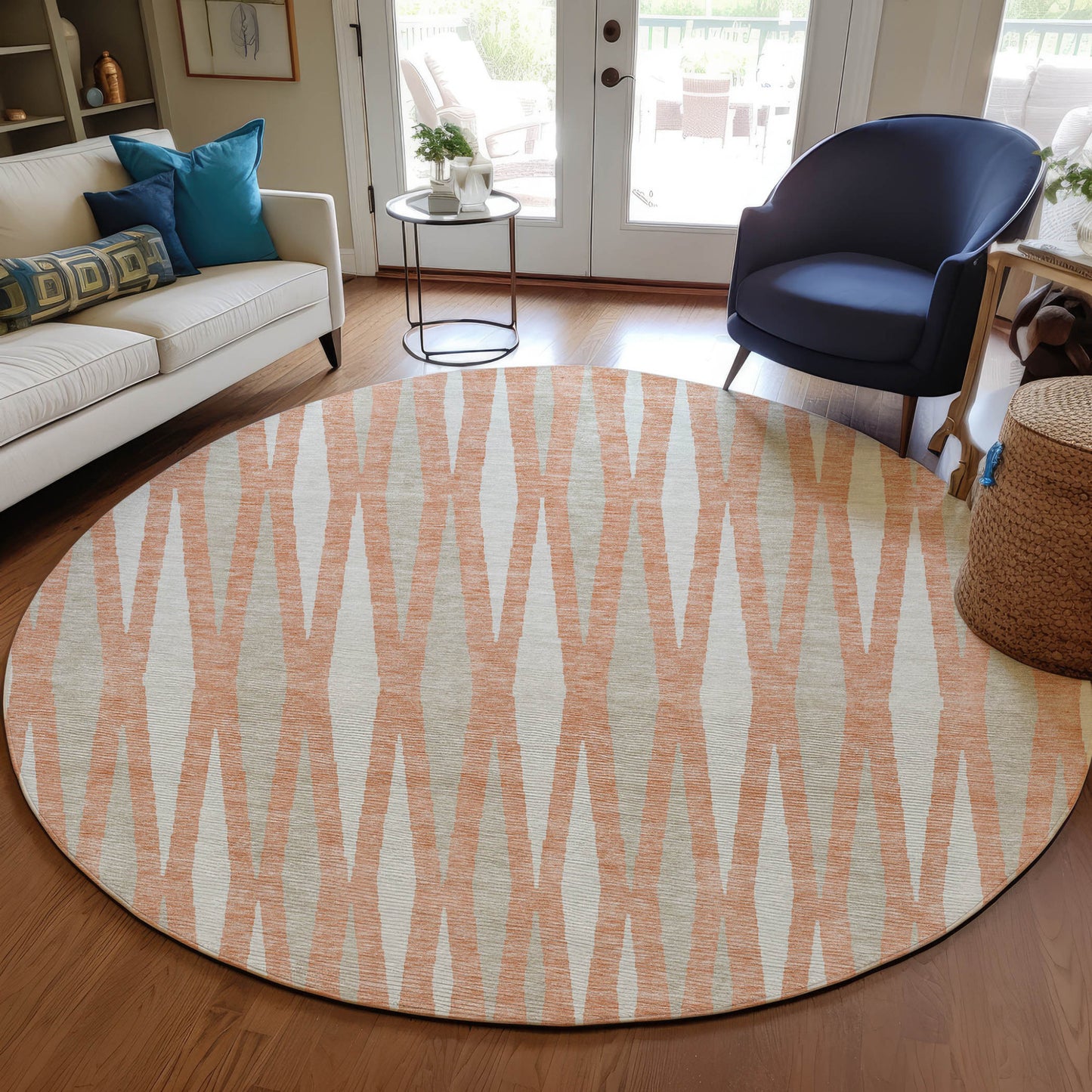 Tabselect Home Line 8' Salmon Gray And Ivory Round Geometric Washable Indoor Outdoor Area Rug