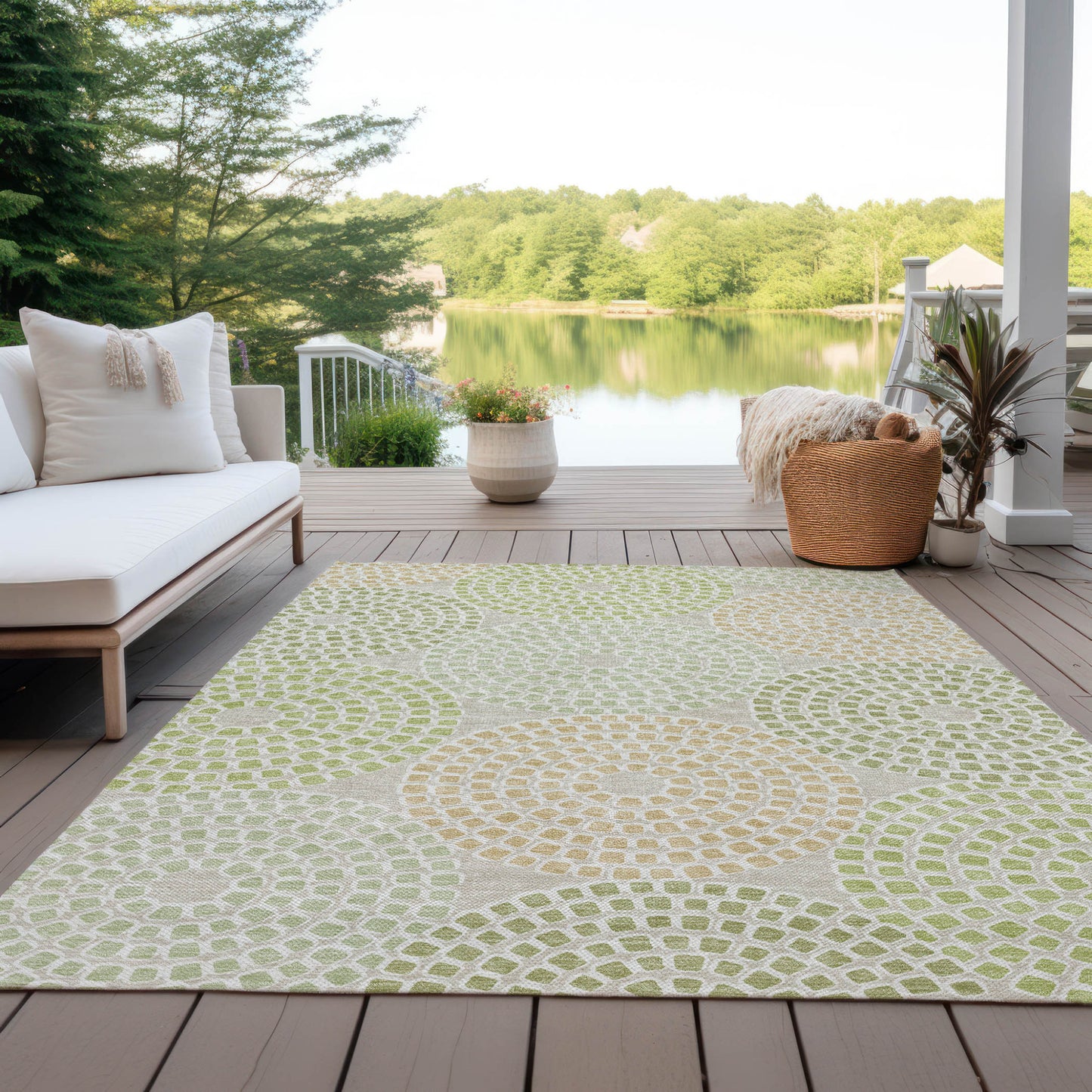 Tabselect Home Line 5' X 8' Artichoke Green And Brown Geometric Washable Indoor Outdoor Area Rug