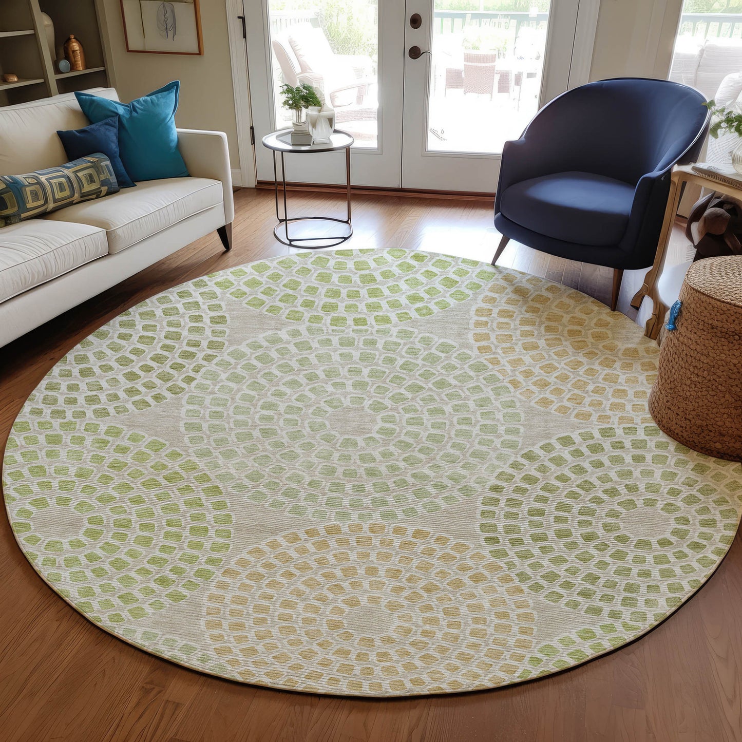 Tabselect Home Line 8' Artichoke Green And Brown Round Geometric Washable Indoor Outdoor Area Rug