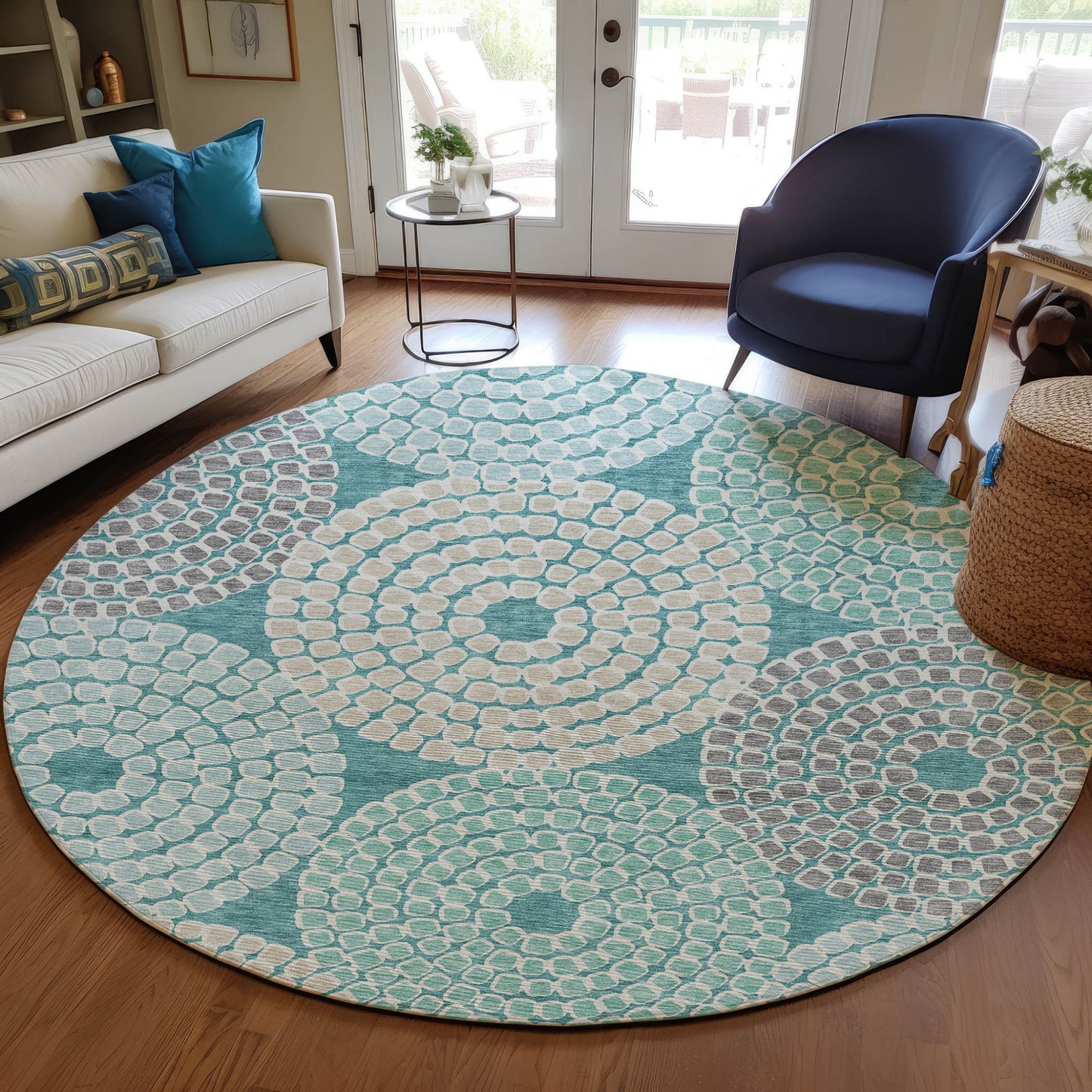 Tabselect Home Line 8' Teal Blue Beige And Gray Round Geometric Washable Indoor Outdoor Area Rug