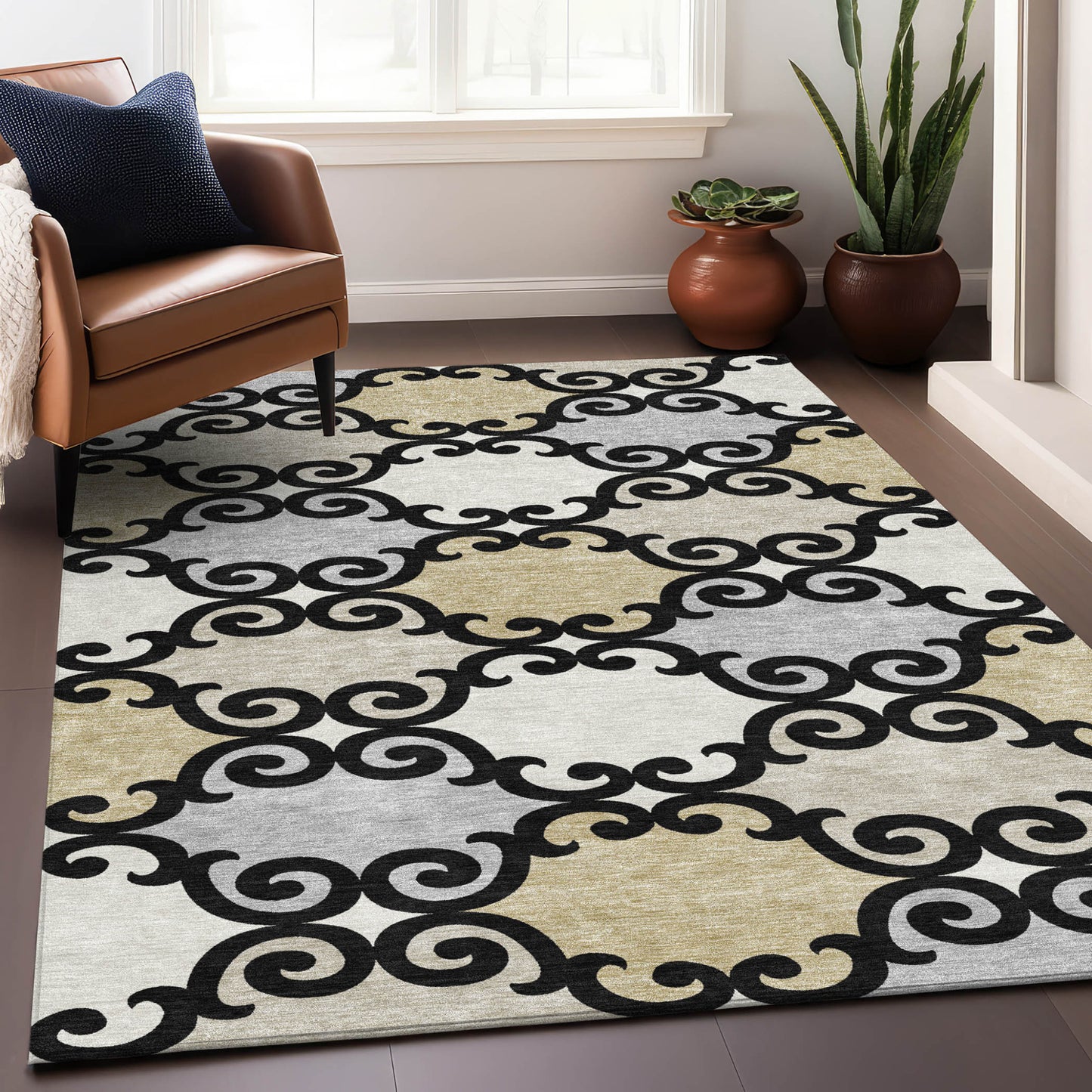 Tabselect Home Line 5' X 8' Black Gray And Ivory Trellis Washable Indoor Outdoor Area Rug