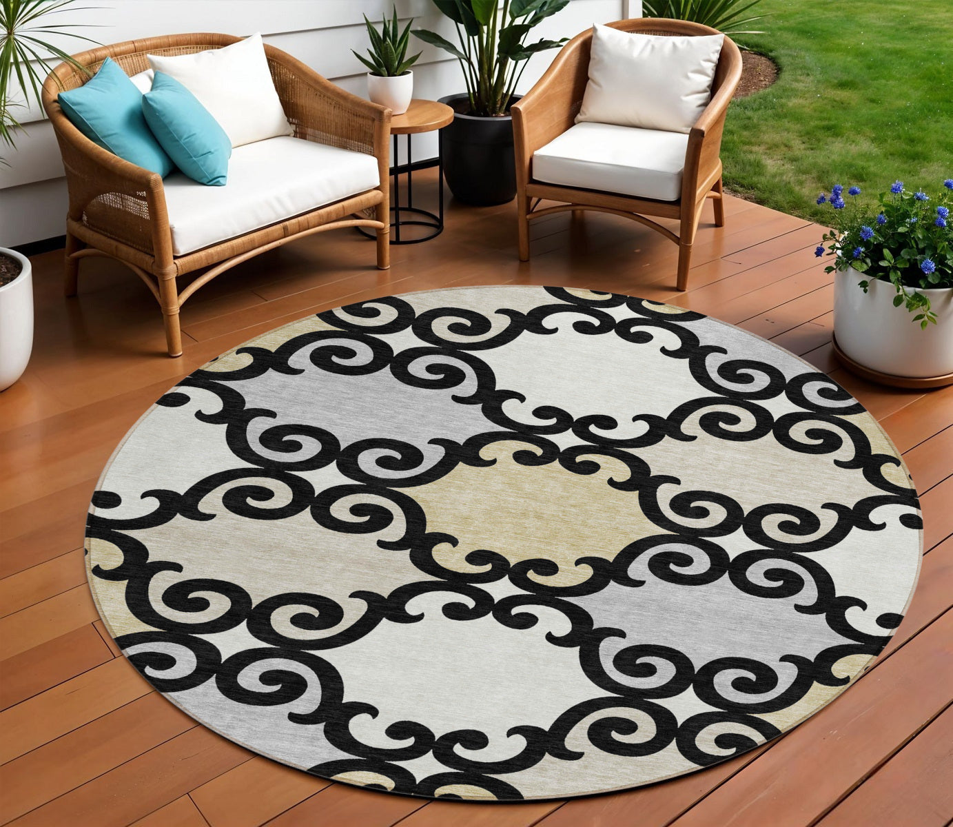 Tabselect Home Line 8' Black Gray And Ivory Round Trellis Washable Indoor Outdoor Area Rug