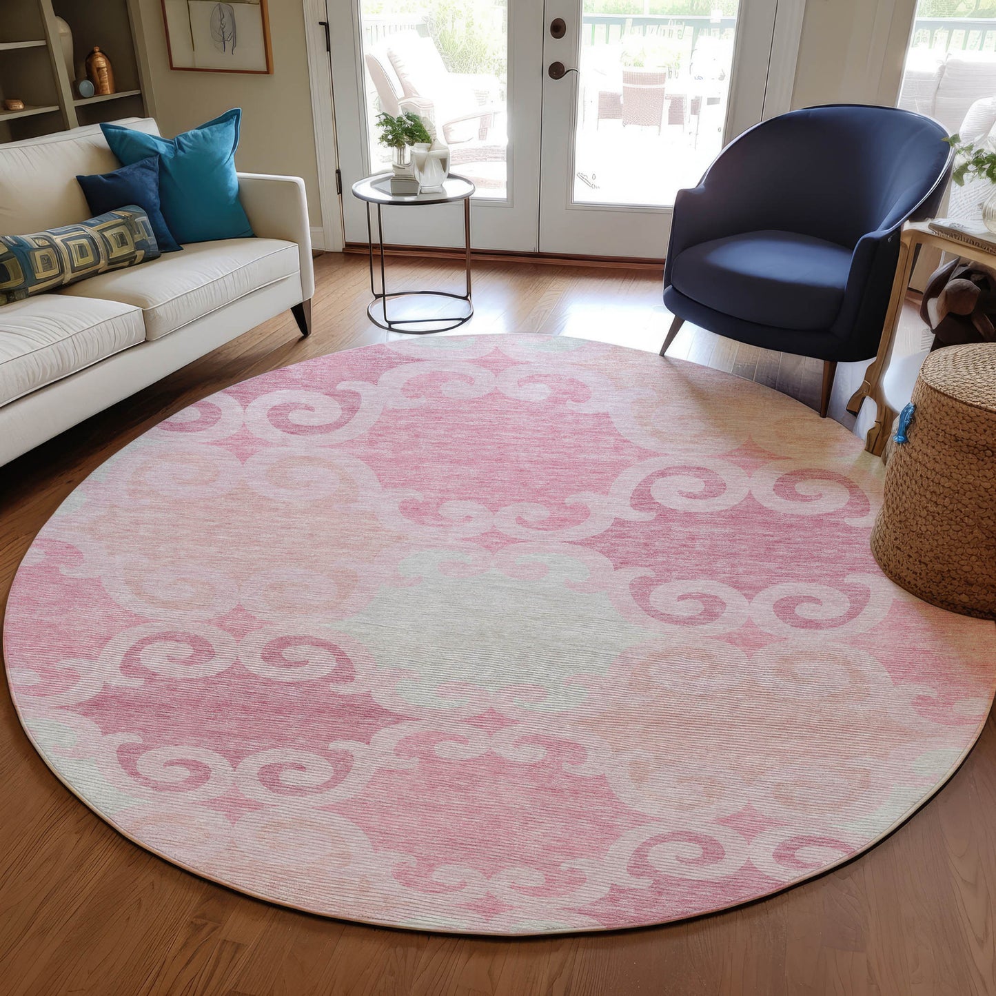 Tabselect Home Line 8' Pink And Gray Round Trellis Washable Indoor Outdoor Area Rug