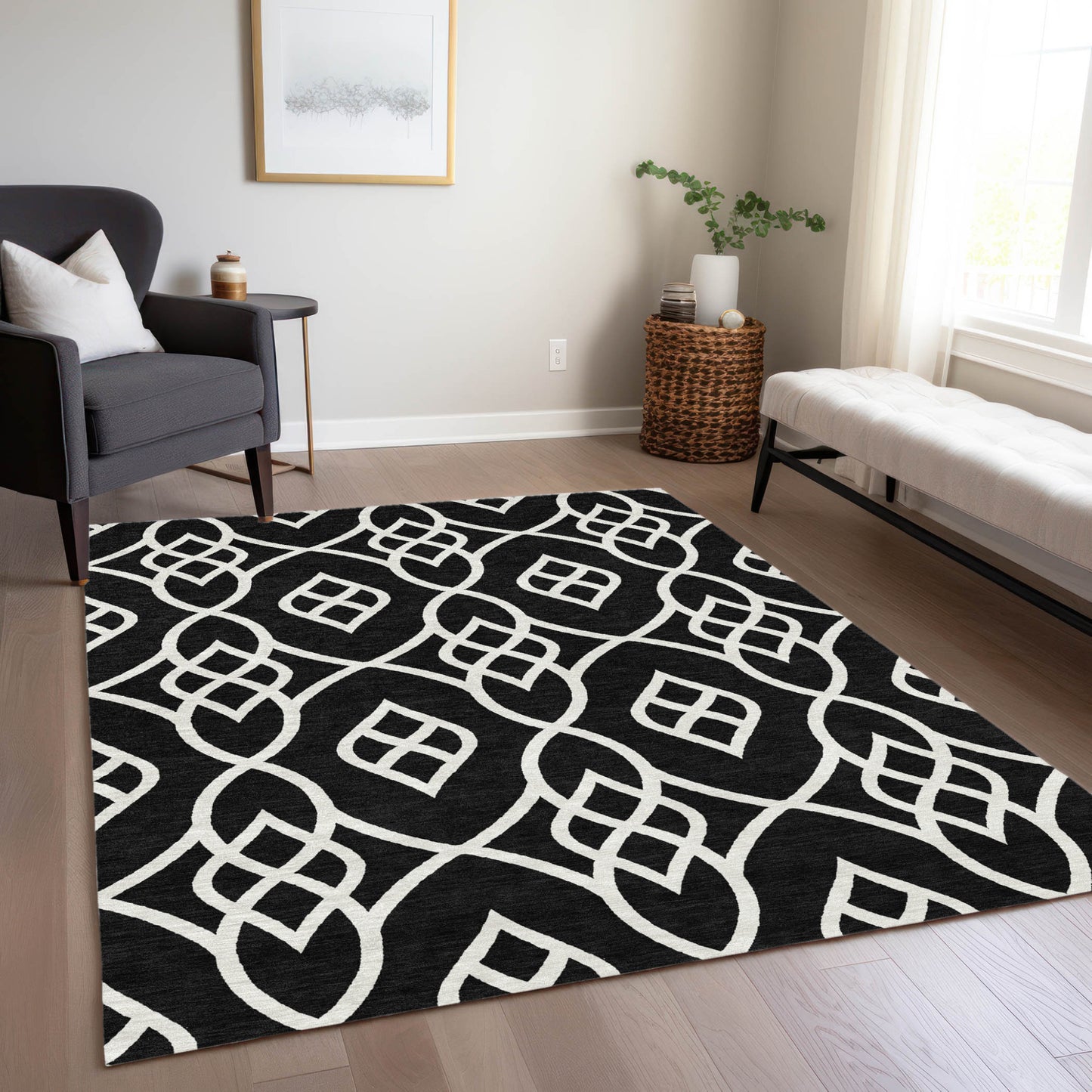 Tabselect Home Line 5' X 8' Black And Ivory Trellis Washable Indoor Outdoor Area Rug