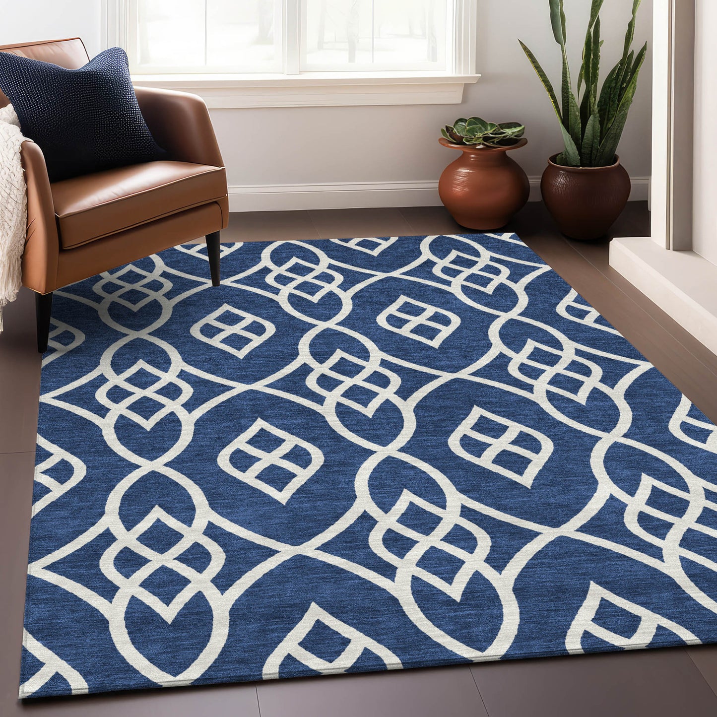 Tabselect Home Line 8' X 10' Navy Blue And Ivory Trellis Washable Indoor Outdoor Area Rug
