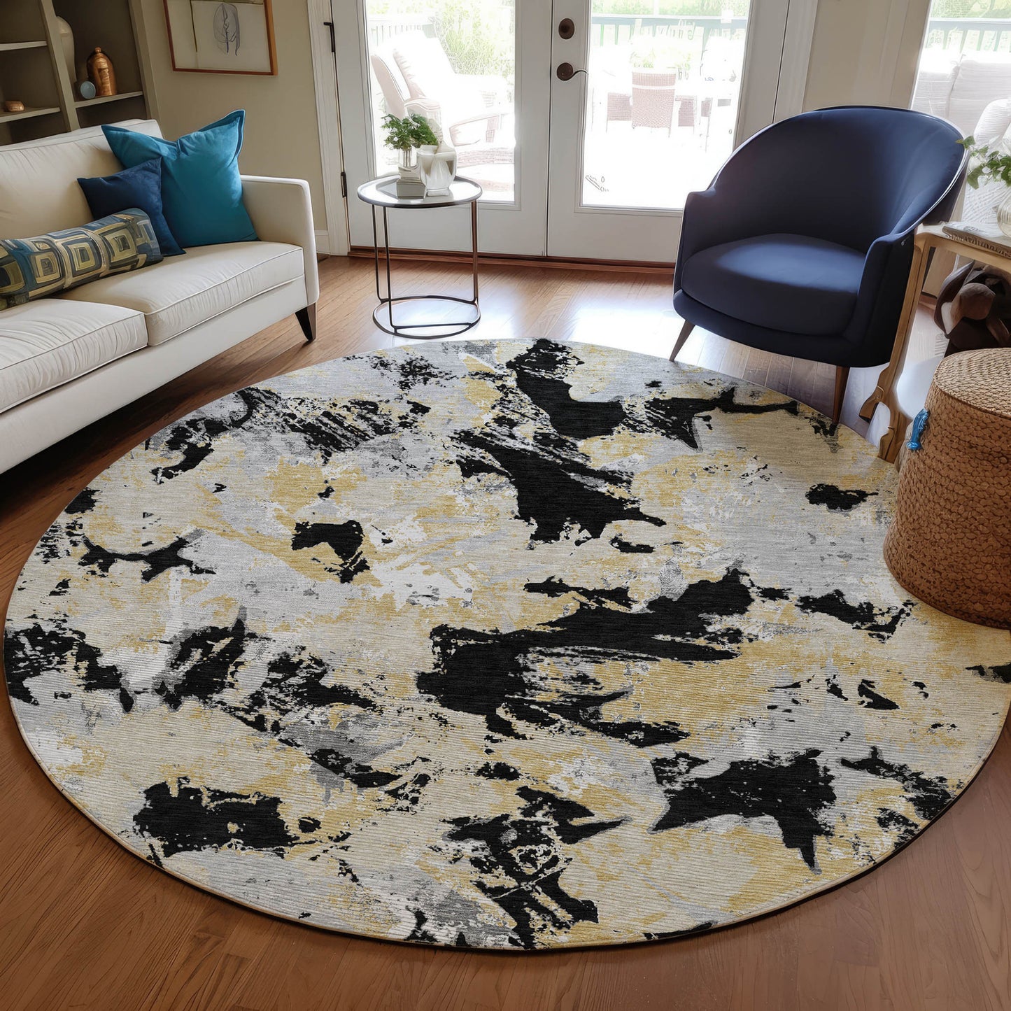 Tabselect Home Line 8' Black Gray And Light Brown Round Floral Washable Indoor Outdoor Area Rug