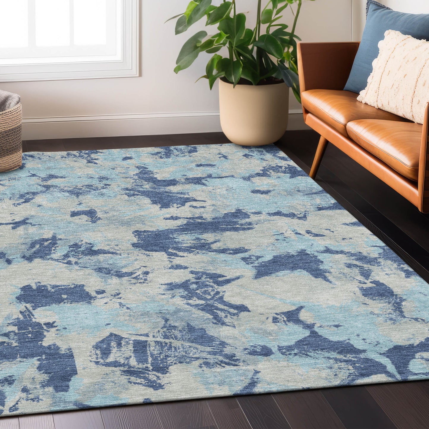 Tabselect Home Line 8' X 10' Navy Blue Gray And Aqua Floral Washable Indoor Outdoor Area Rug