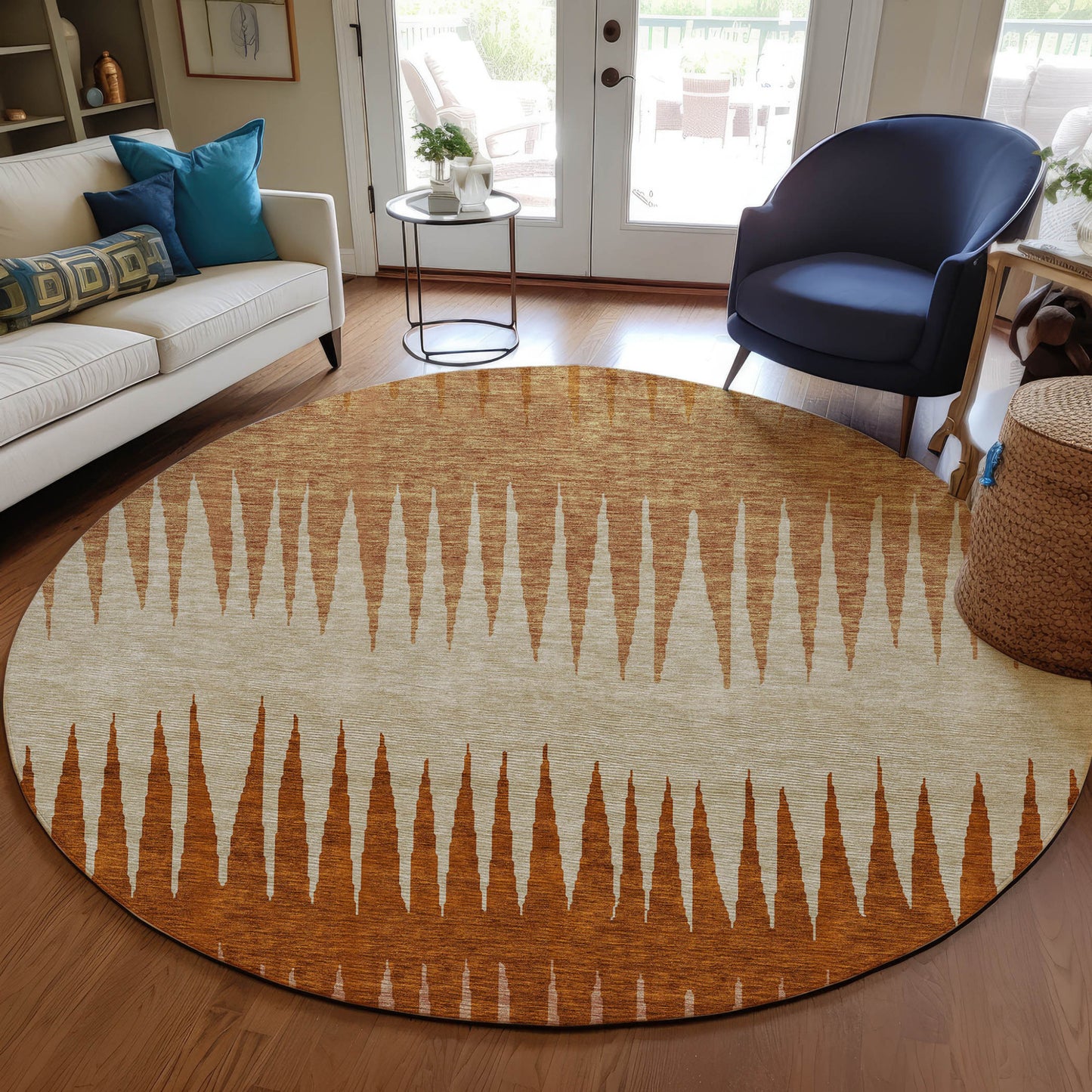 Tabselect Home Line 8' Copper Brown And Beige Round Striped Washable Indoor Outdoor Area Rug