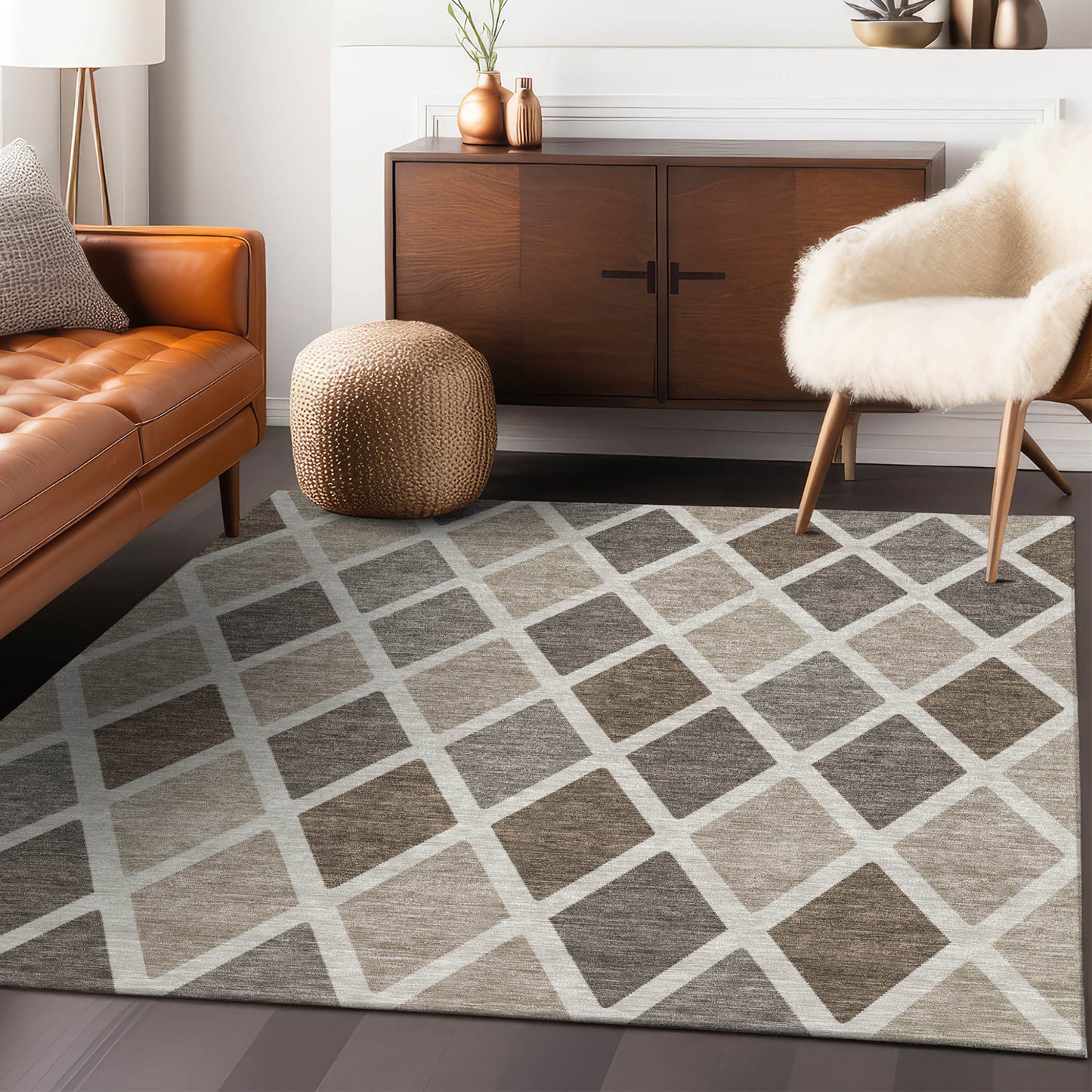 Tabselect Home Line 5' X 8' Beige Gray And Brown Geometric Washable Indoor Outdoor Area Rug