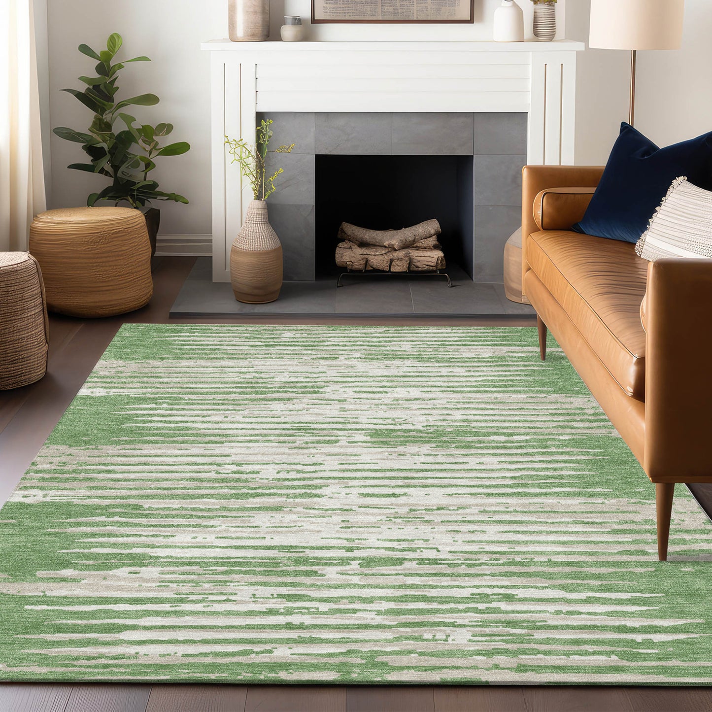 Tabselect Home Line 8' X 10' Green And Ivory Striped Washable Indoor Outdoor Area Rug