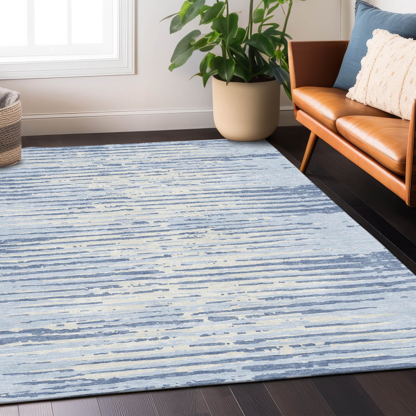 Tabselect Home Line 5' X 8' Sky Blue And Ivory Striped Washable Indoor Outdoor Area Rug