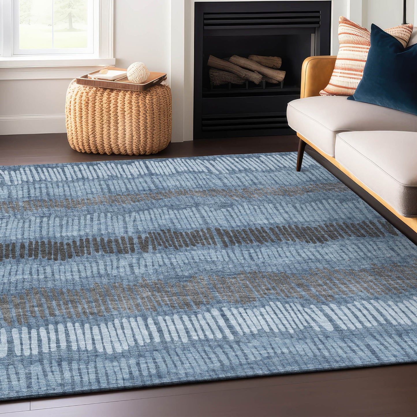 Tabselect Home Line 5' X 8' Blue Black And Gray Striped Washable Indoor Outdoor Area Rug